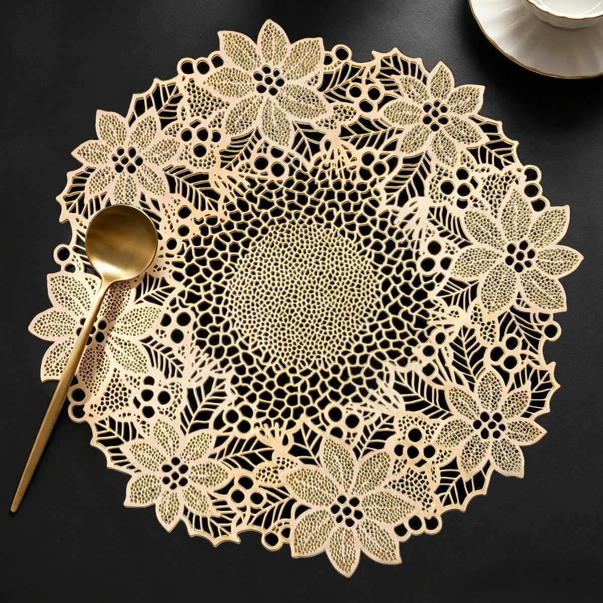 Quantum Love Camellia Gold Round Placemats Set of 6, 15 Inch PVC 3D Metallic Flower Table Mats, Wipeable Waterproof Non Slip Heat Resistant Placemats for Wedding Party Christmas Dining Table Decor