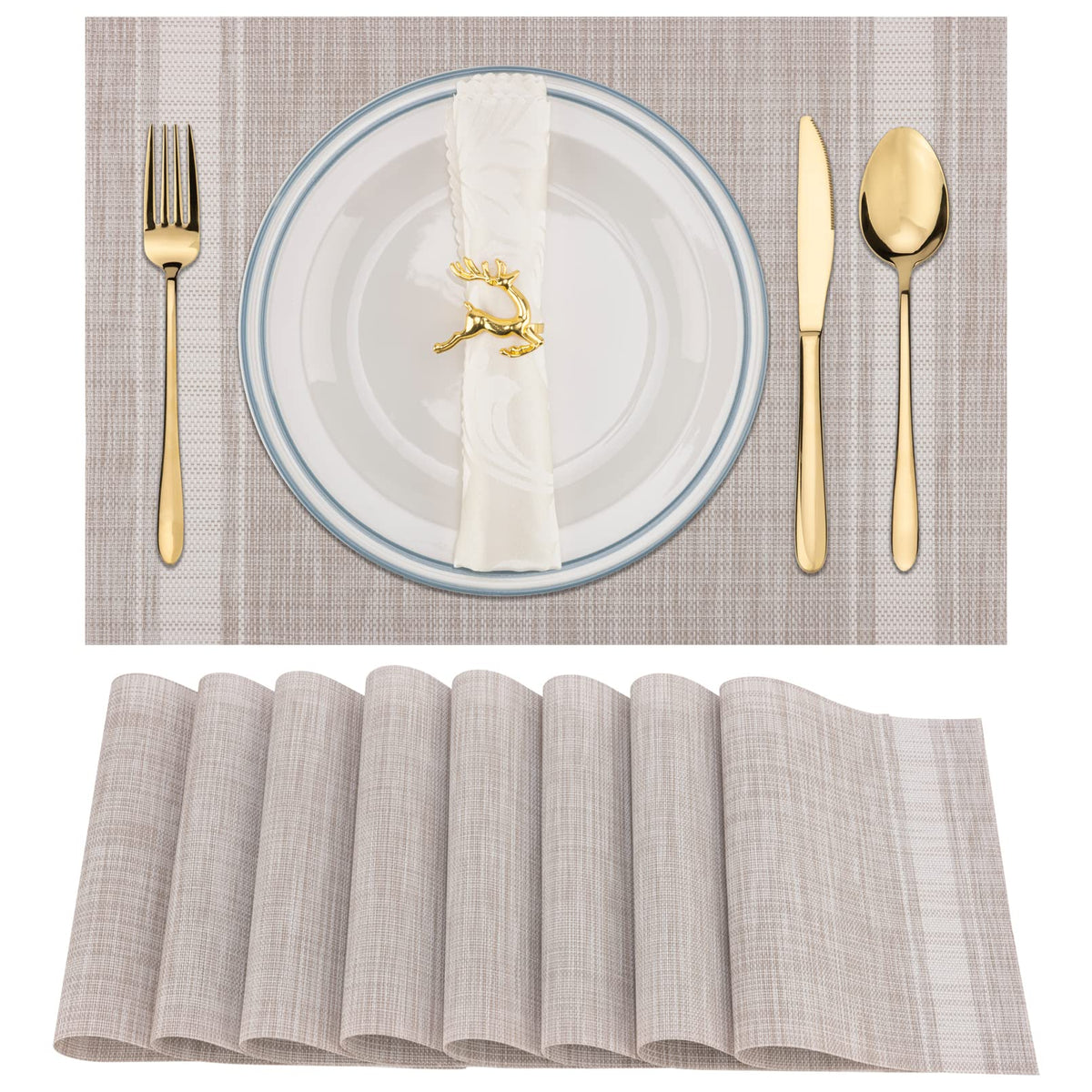Winknowl Placemats Set of 8, Heat Resistant Non-Slip Vinyl Woven Table Mats for Dining Table, Washable Durable Elegant Place Mats for Kitchen Indoor/Outdoor Use (Beige Blue)