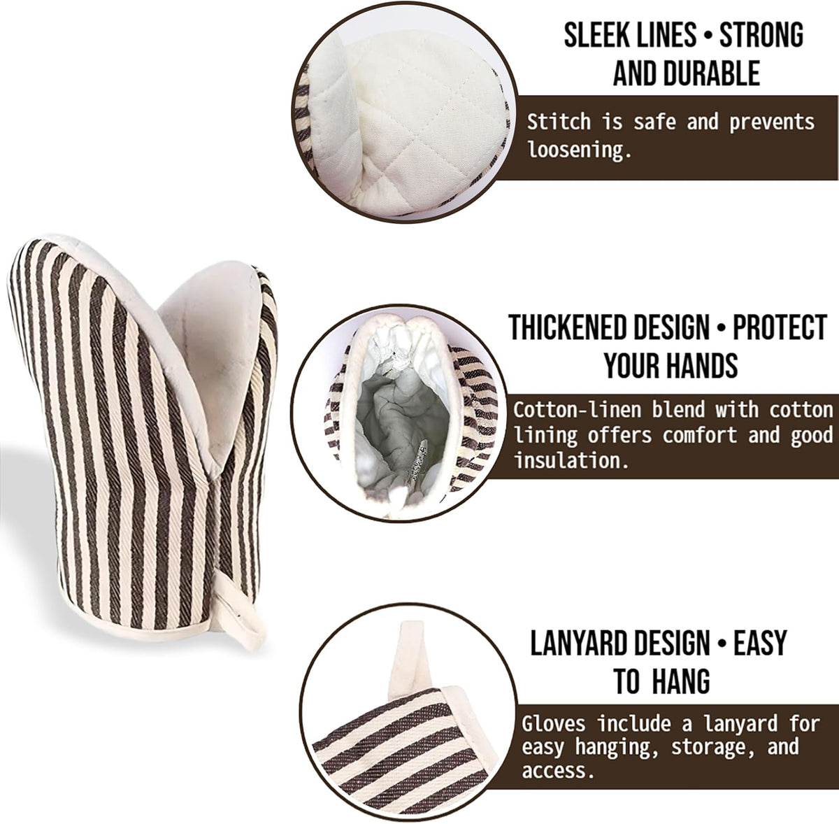 Heat Resistant Mini Oven Mitts 2-Pack - 500°F Heat Protection Cotton Striped Oven Gloves, Small Non-Slip Duckbill Design Mitt for Baking, Grilling, BBQ, Kitchen Pot Holders Set (5.5" x 7.1", Coffee)