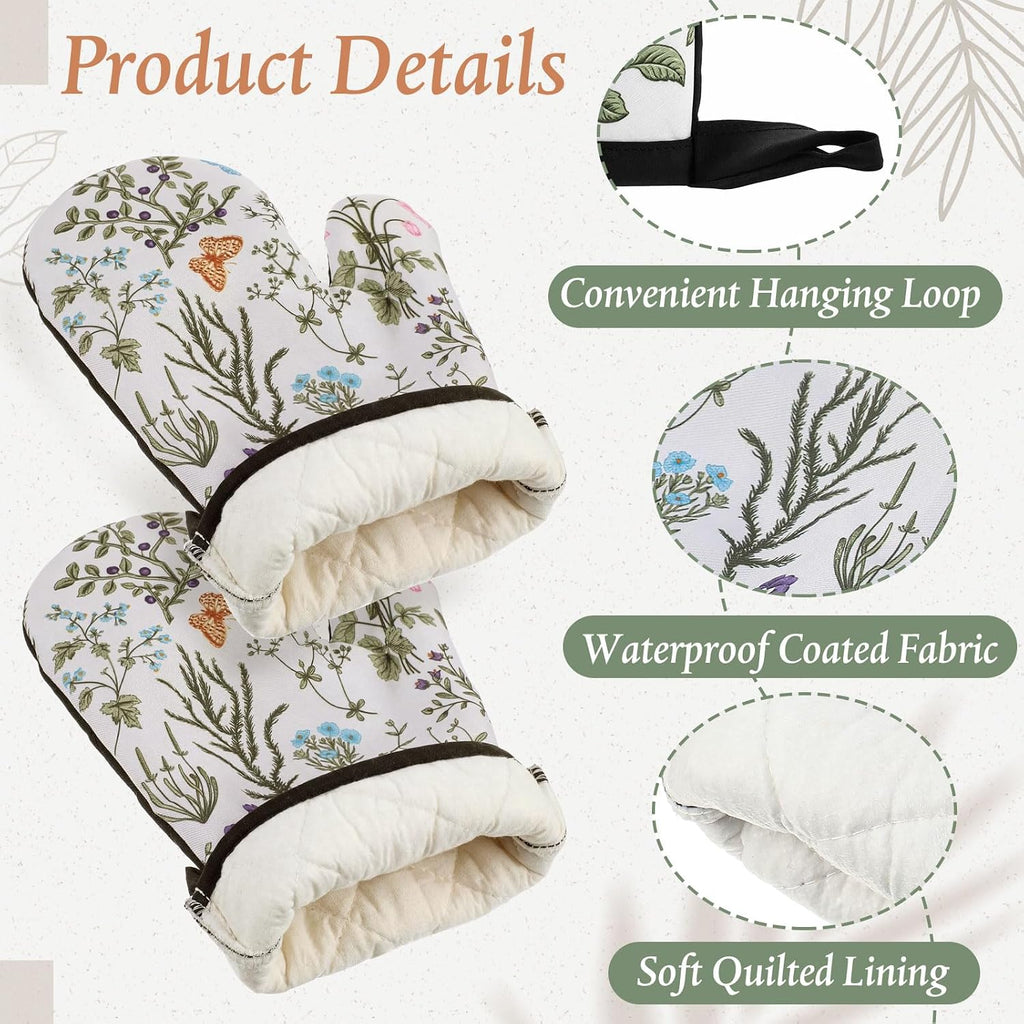 Zhehao 12 Pack Vintage Floral Oven Mitts and Pot Holders, 6 Pcs Non-Slip Heat Resistant Kitchen Oven Gloves, 6 Pcs Cute Botanic Wild Flowers Pads for Cooking Baking Grilling BBQ