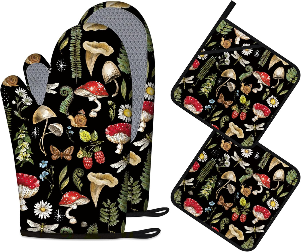 Mushroom Oven Mitts and Pot Holders Sets of 4 Heat Resistant Silicone Oven Mitts Gloves Non-Slip Kitchen Mittens Potholders for Cooking Baking Grilling BBQ