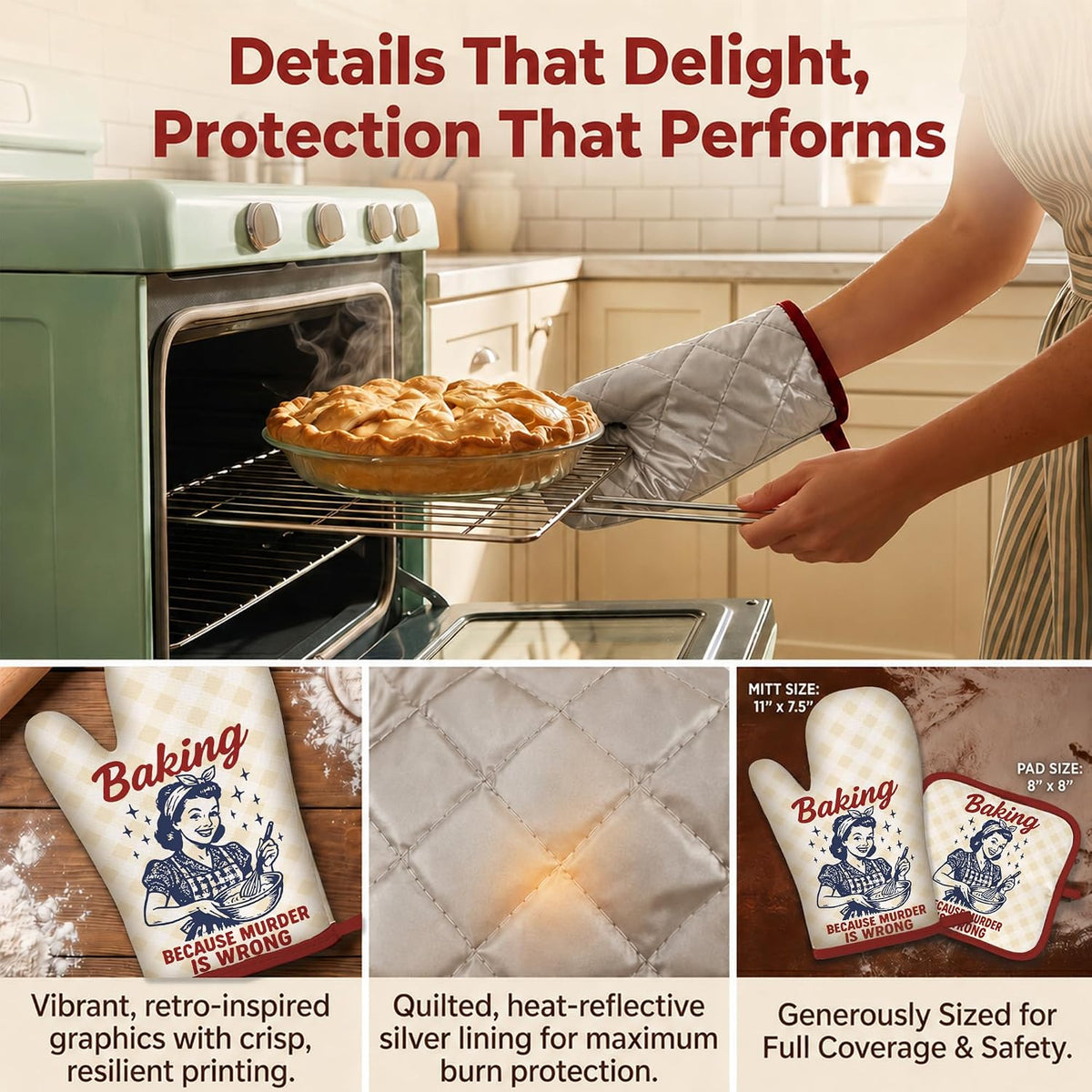 Funny Oven Mitts and Pot Holders Set, Baking Because Murder Cooking Mitts