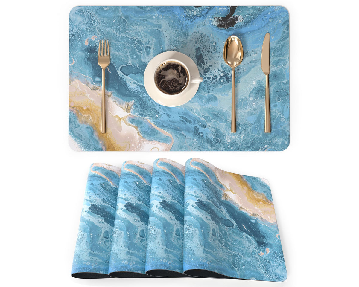 QIYI PU Leather Placemats Set of 6, 12"x18" Waterproof Table Mats, Dahlia