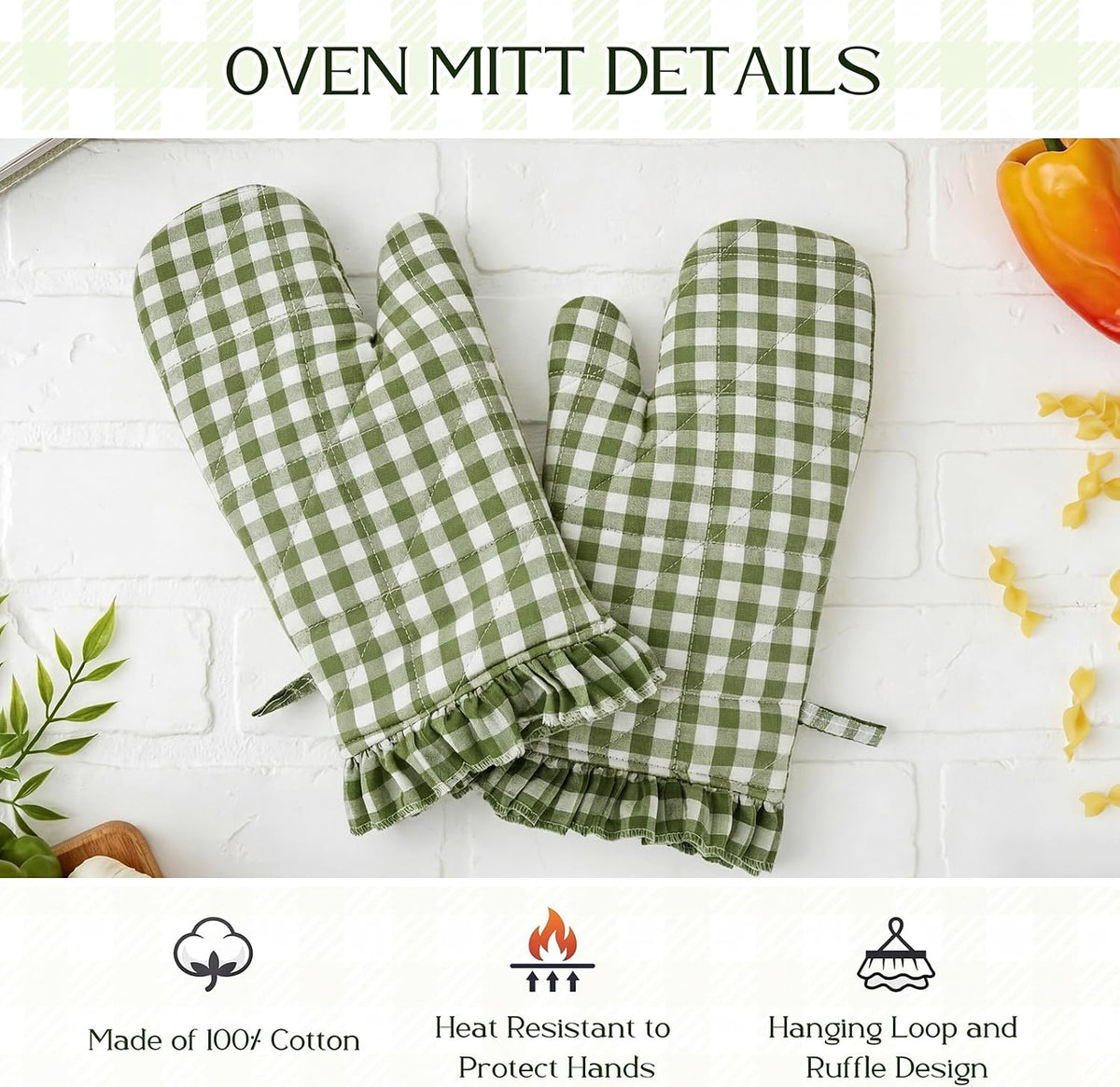 Twistover Ruffle Gingham Oven Mitts 2-Pack Set, Sage Green, 7"x13"