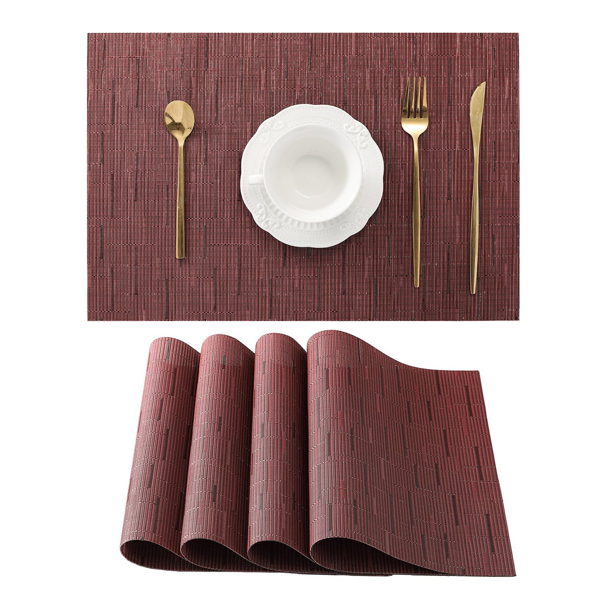 Beige Placemats Set of 6 - Heat-Resistant, Non-Slip Table Mats, Washable Woven Vinyl for Indoor & Outdoor Dining