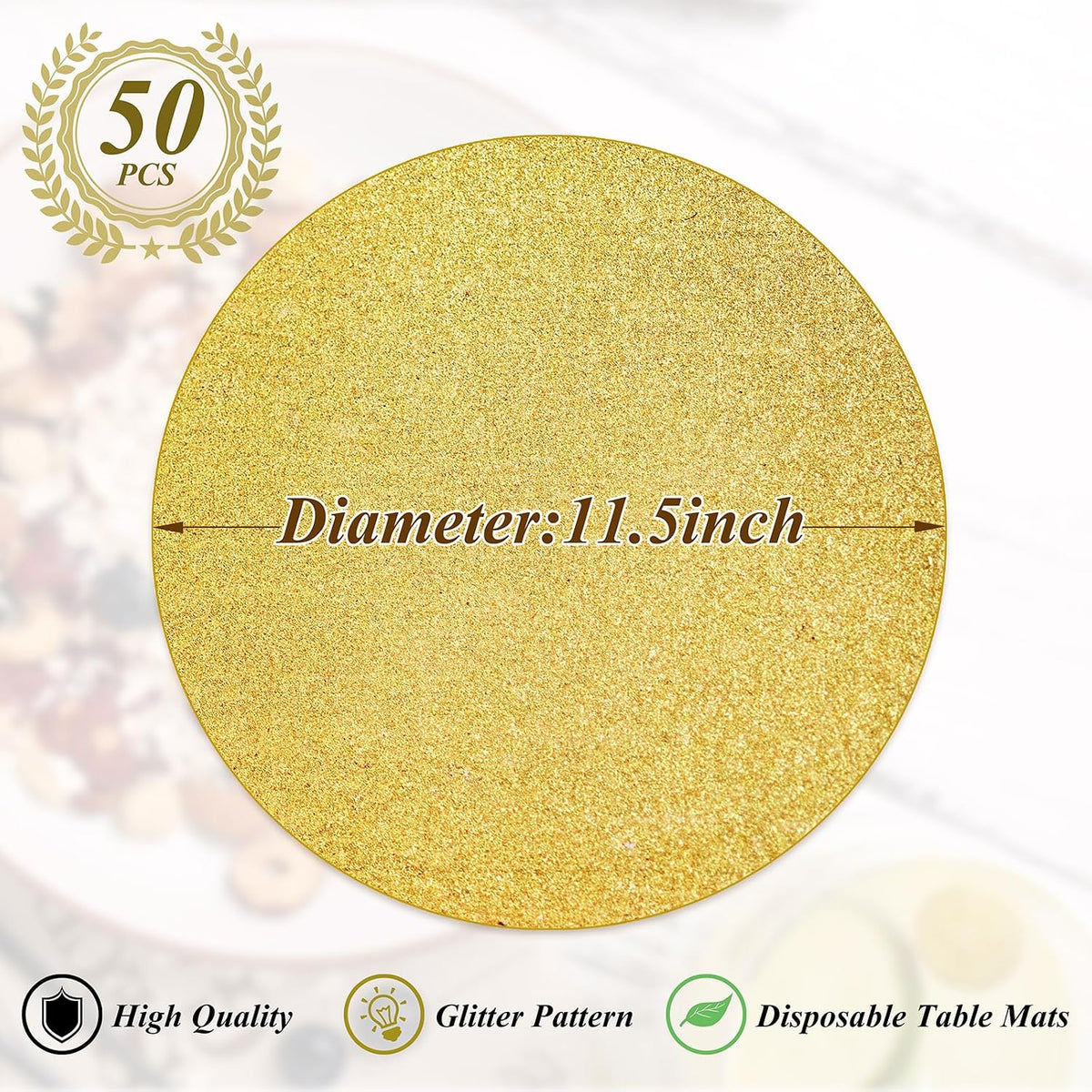 50 Pieces Gold Glitter Paper Place Mats Sparkle Round Disposable Table Mats Golden Sequin Doilies Decorative Placemats for Wedding Banquet Party Home Dining Tableware