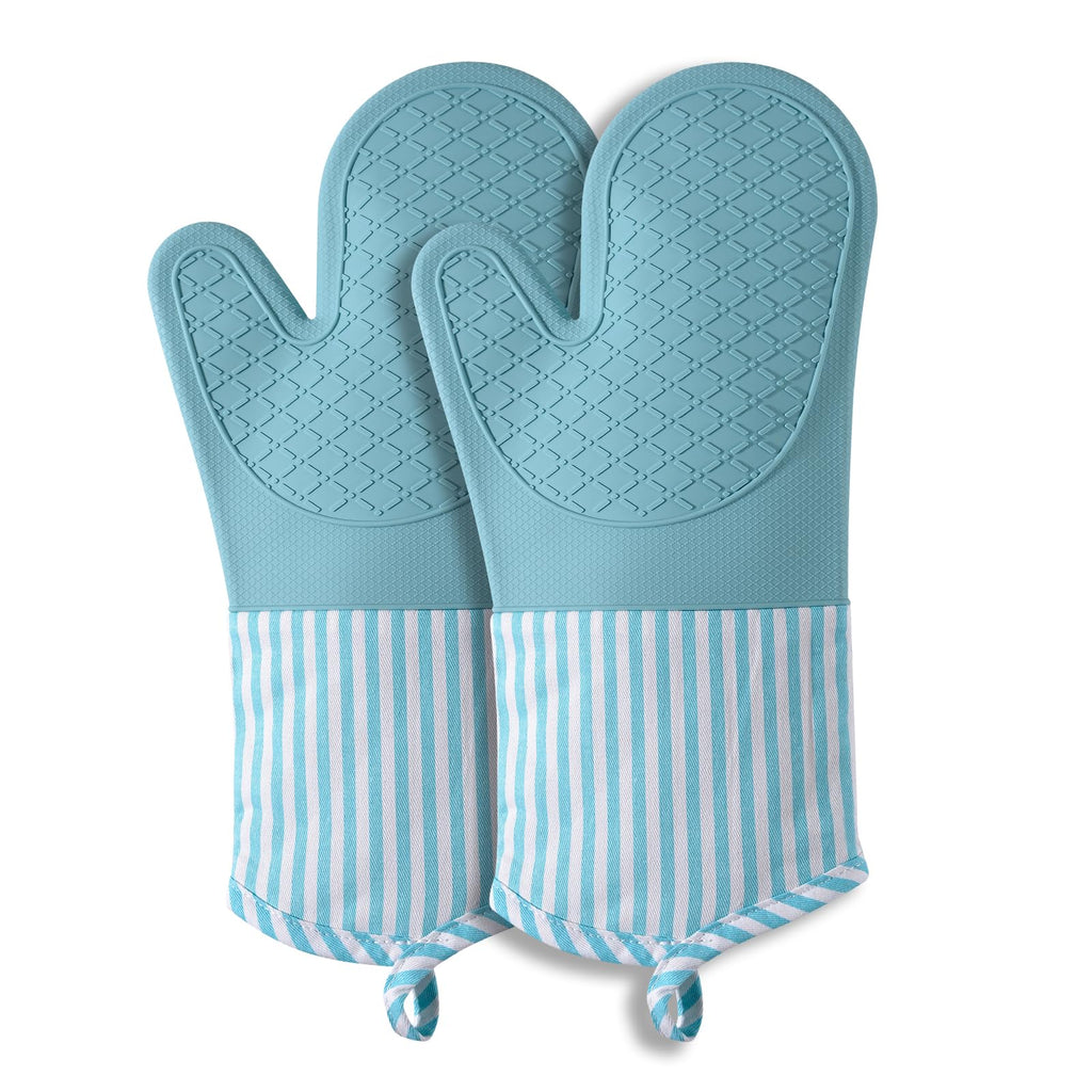 Silicone Oven Mitts, Heat Resistant Oven Gloves with Quilted Liner, Waterproof & Non-Slip Kitchen Mittens for Baking Cooking BBQ, 500°F, 13.5"-Nordic Blue