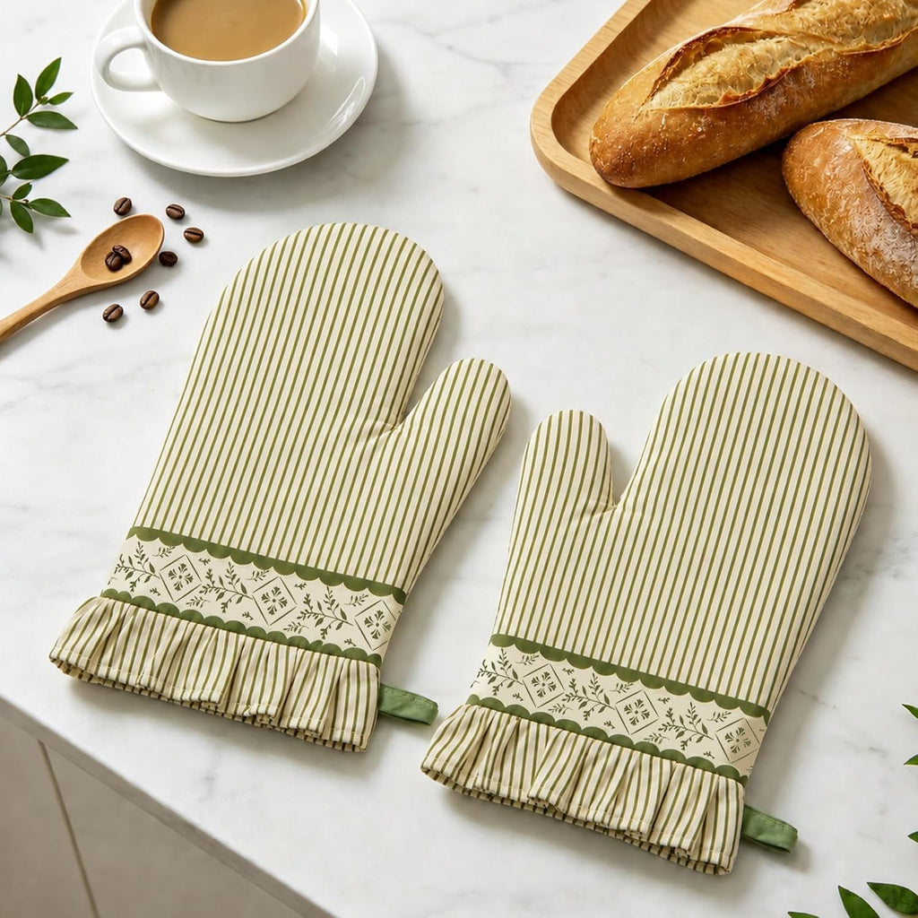AnyDesign 2Pcs Vintage Stripe Greenery Oven Mitts, Beige Extended Short