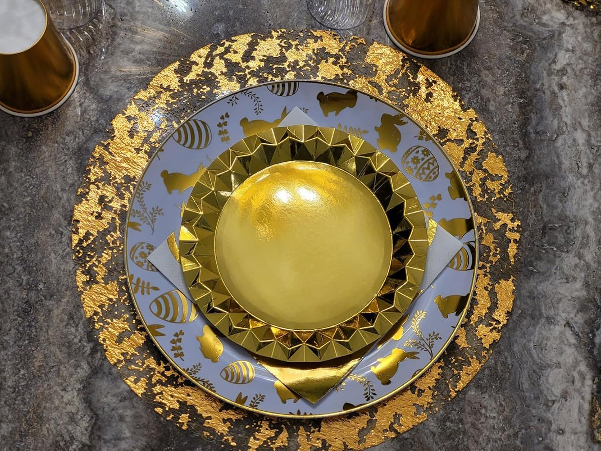 Gold Disposable Placemats 13 Inch Metallic Foil Round Gold Doiliesof 50 Set Charge Place Mats Pressed for Home Decoration Dining Table Wedding Birthday Party