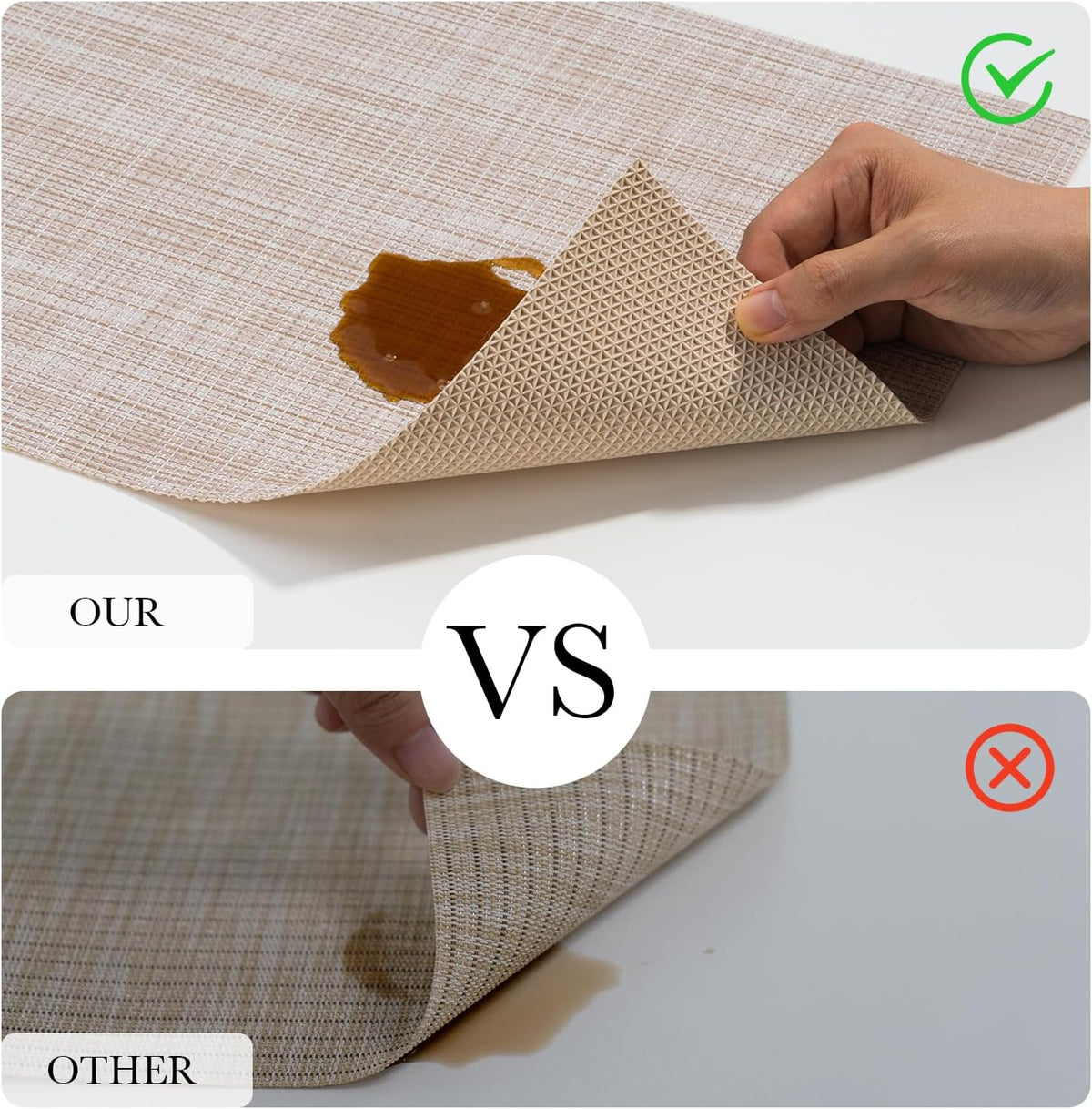 BACKTOEDEN Leakproof Placemats Set of 6, 2-Layer Waterproof placemat for No More Stains, Heat-Resistant Easy Clean Vinyl Table Place Mats for Kitchen Dining Indoor Outdoor, Beige