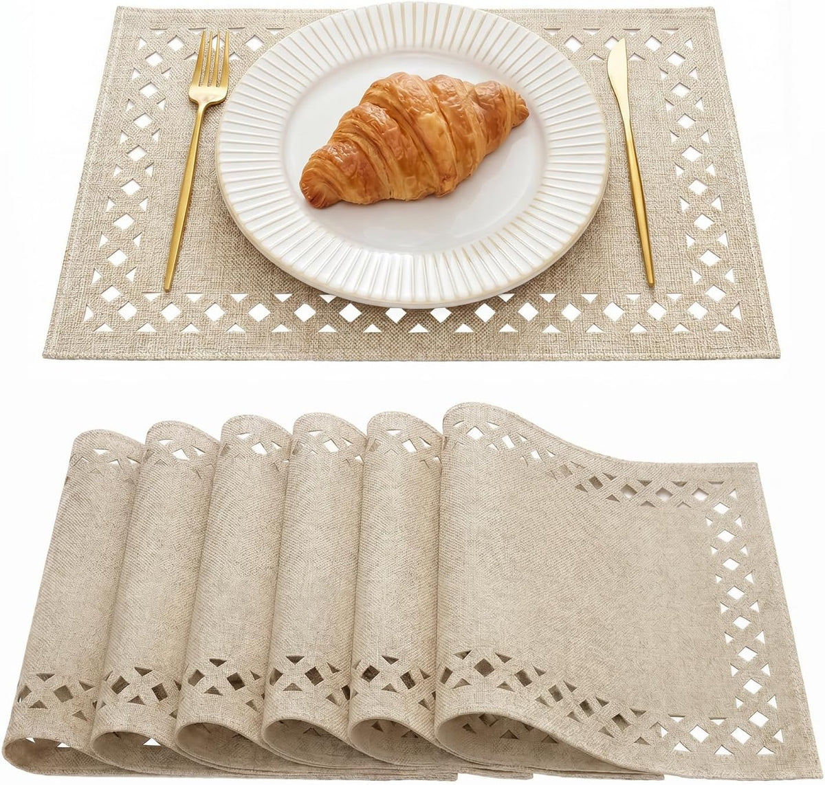 Artoid Mode Farmhouse Placemats Set of 6, Linen Textured Lattice Cutwork Fall Place Mats for Kitchen Dining Table Decor and Outdoor Party, 12 x 18 Inchs, Light Brown