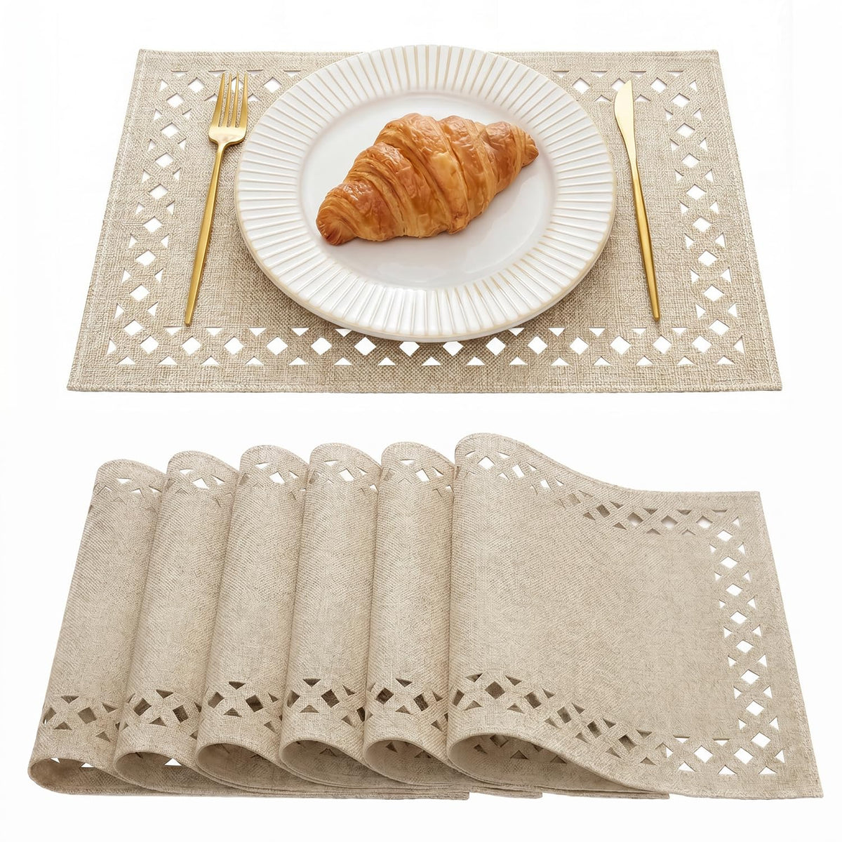Artoid Mode Farmhouse Placemats Set of 6, Linen Textured Lattice Cutwork Fall Place Mats for Kitchen Dining Table Decor and Outdoor Party, 12 x 18 Inchs, Light Brown