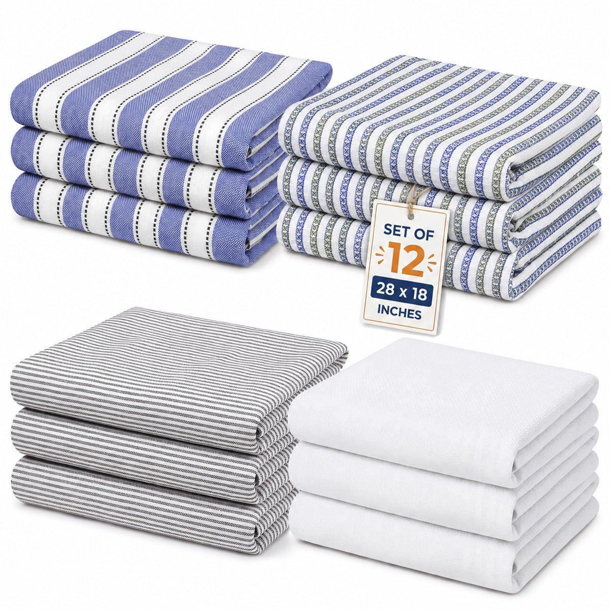Pack of 6 Cotton Kitchen Towels Set, Dish Towels, Cleaning Rags, Kitchen Dish Cloths for Washing Dishes, Cotton Cleaning Cloths, Ultra Soft, Lightweight & Quick Dry, Flat Weave, 28"x18" (Olive & Gray)