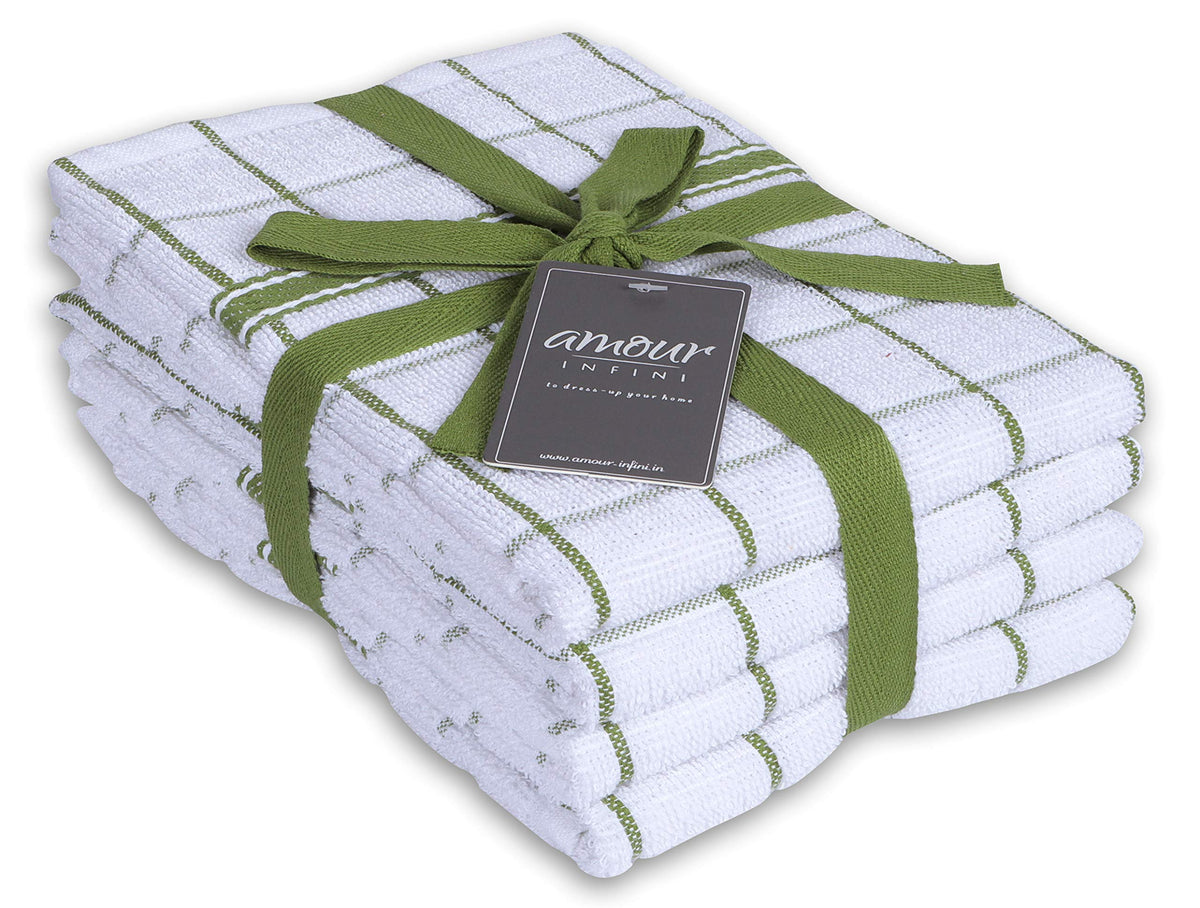 AMOUR INFINI Kitchen Towels Set of 4 - Highly Absorbent, Super Soft Terry Cotton 20x28 Inch Dish Towels with Hanging Loop - Hand & Tea Towels for Cleaning & Drying Dishes (Beige)