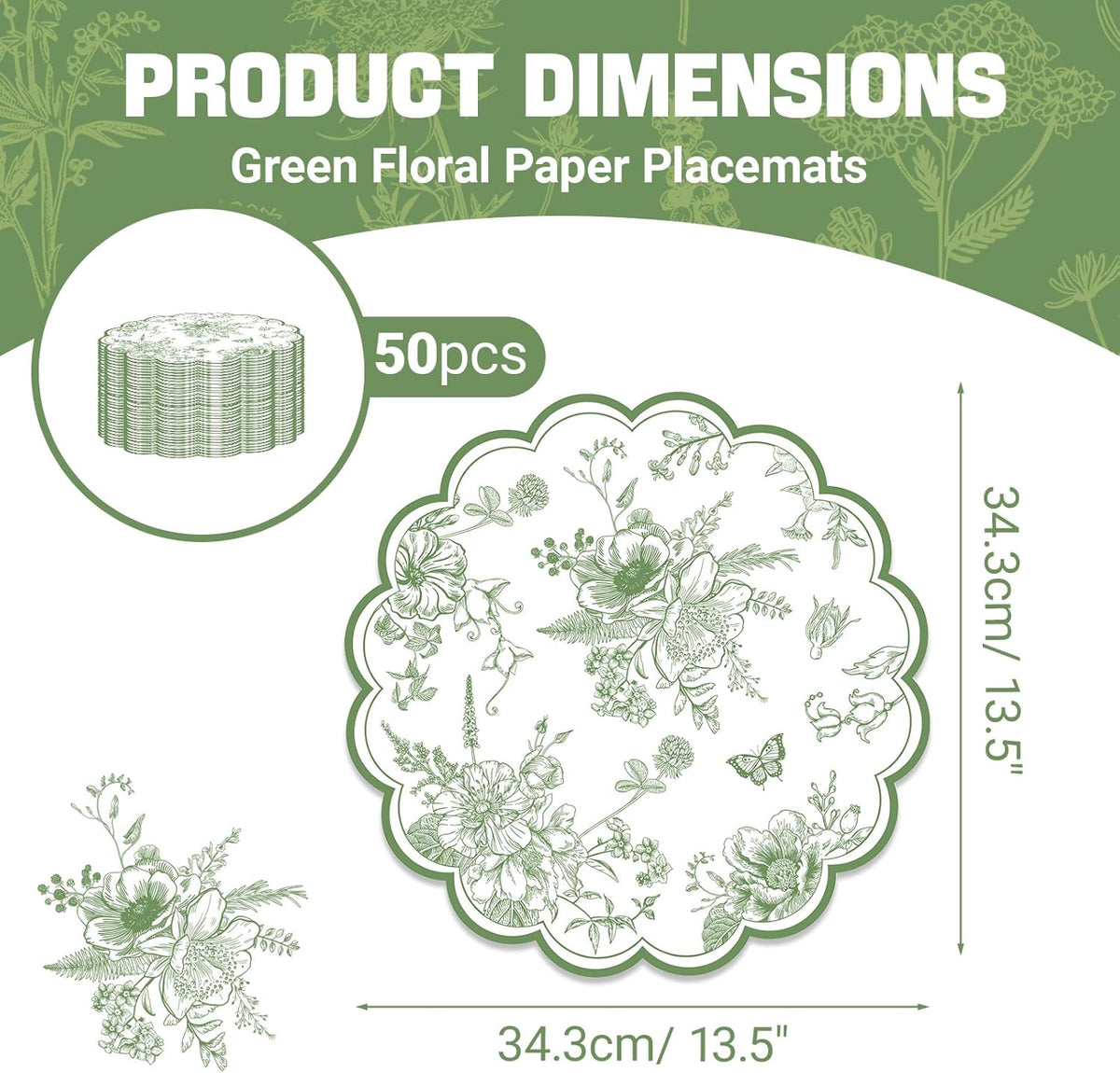 50 PCS Green Floral Paper Placemats, 13.5 Inch Paper Placemats Disposable with Butterfly and Flowers Print, for Decor Birthday Summer Wedding Wildflower Party, Banquet Table Settings