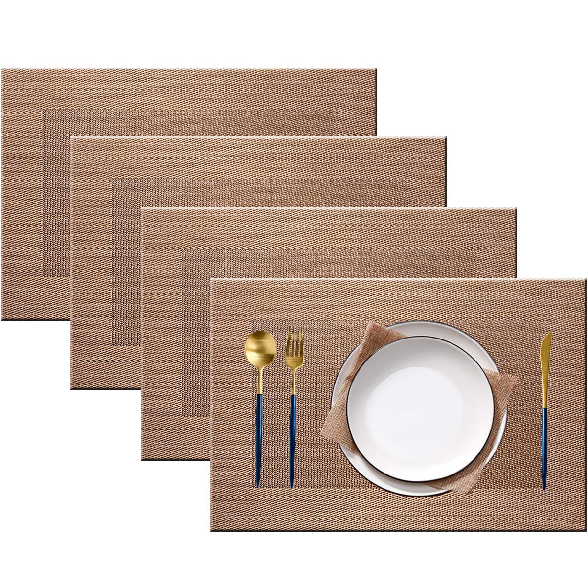PIGCHCY Placemats,Washable Vinyl Woven Table Mats,Elegant Durable Placemats for Dining Table Set of 6 (Bamboo-Brown)