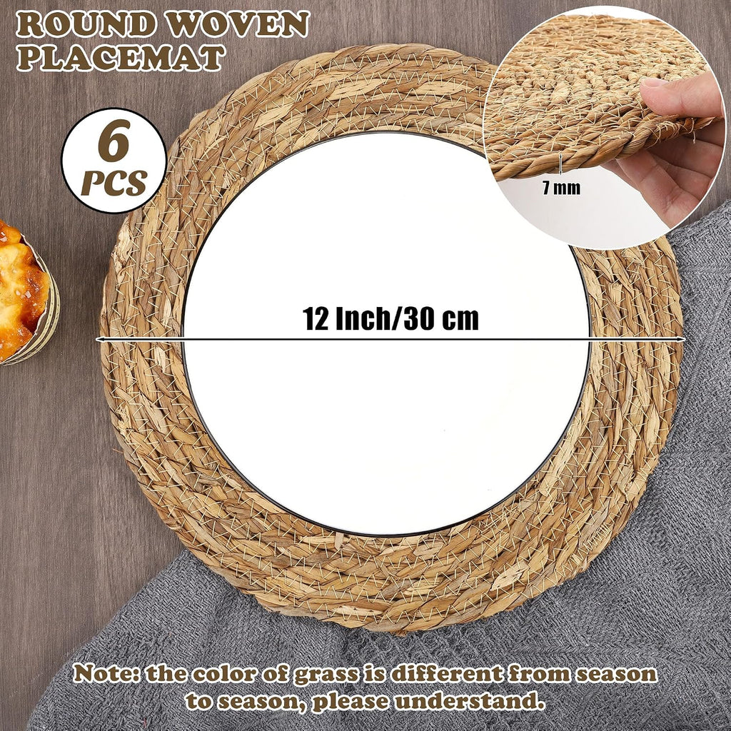 Kochorie Set of 6 Round Woven Placemats - 12 Inch Natural Boho Rattan Wicker Table Mats for Home Dining Table