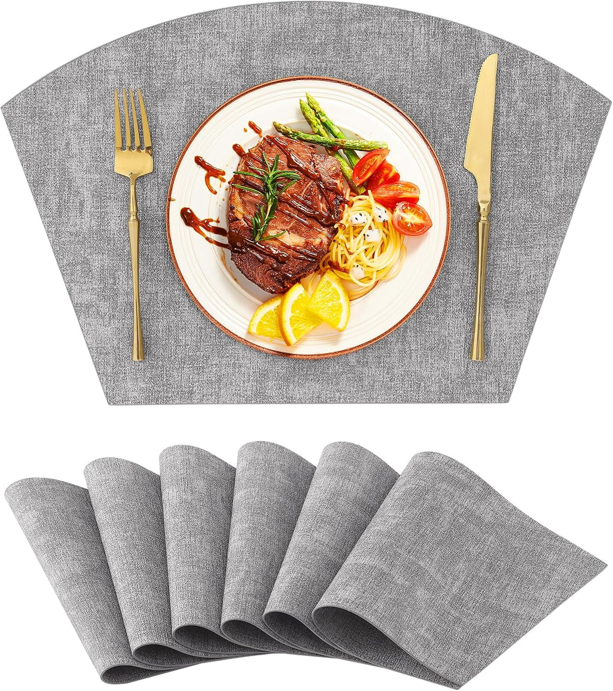 Homaxy Wedge Faux Leather Placemats for Round Table, Set of 6, Light Grey