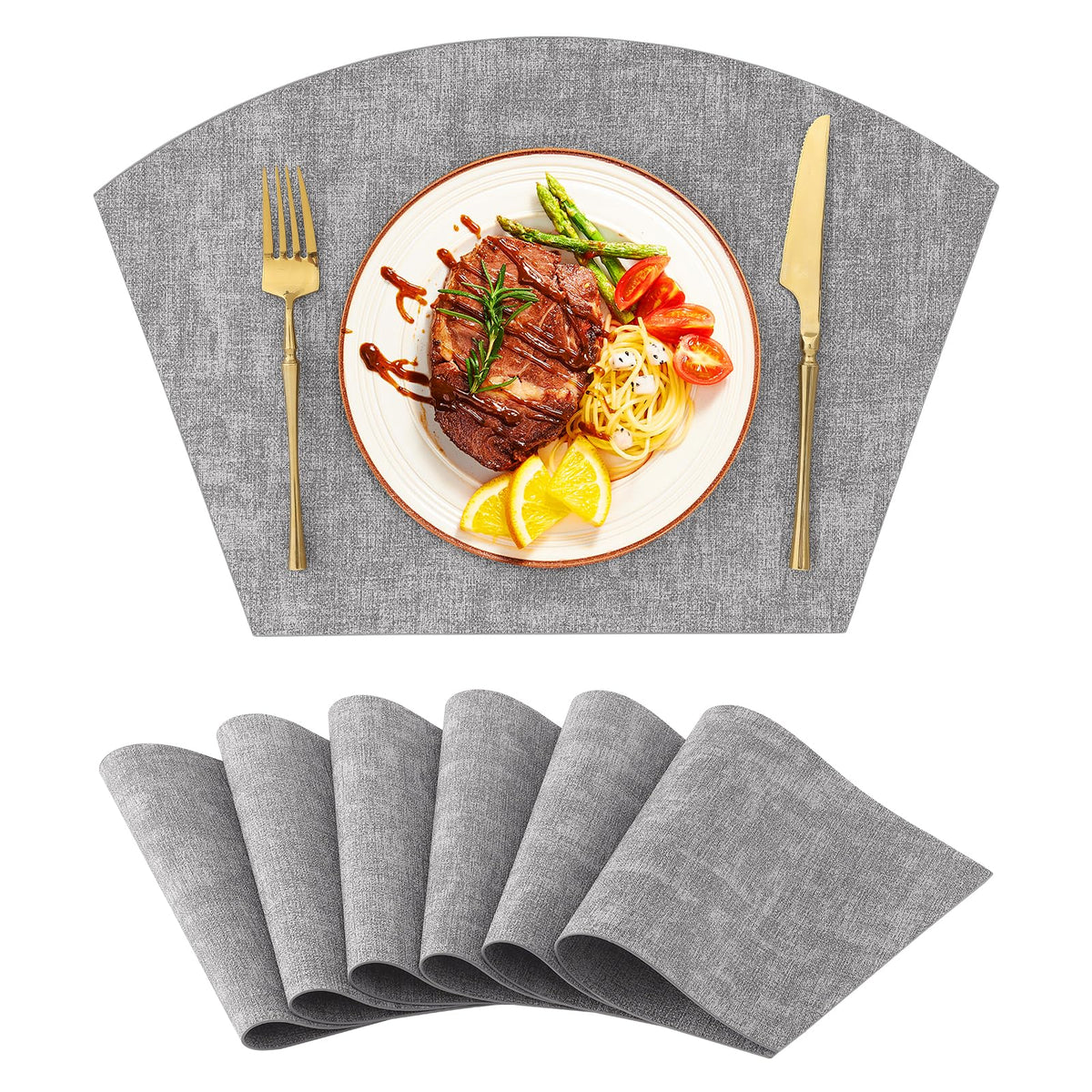 Homaxy Wedge Faux Leather Placemats for Round Table, Set of 6, Light Grey