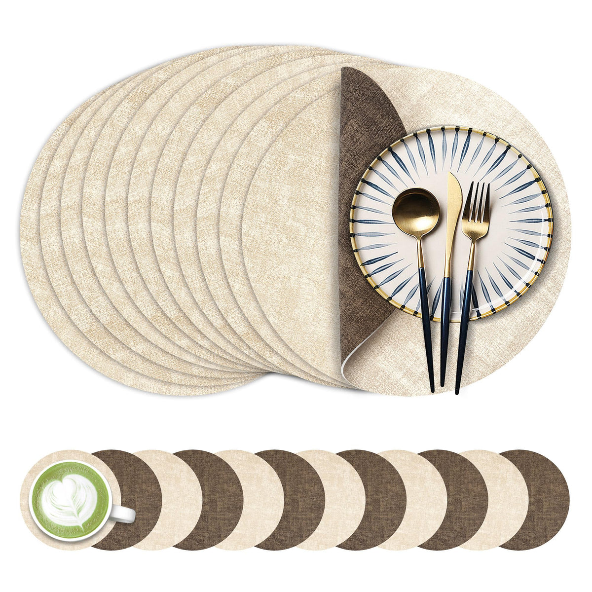 Fyvva Placemats Set of 4, 13" Round Reversible Faux Leather with Coasters