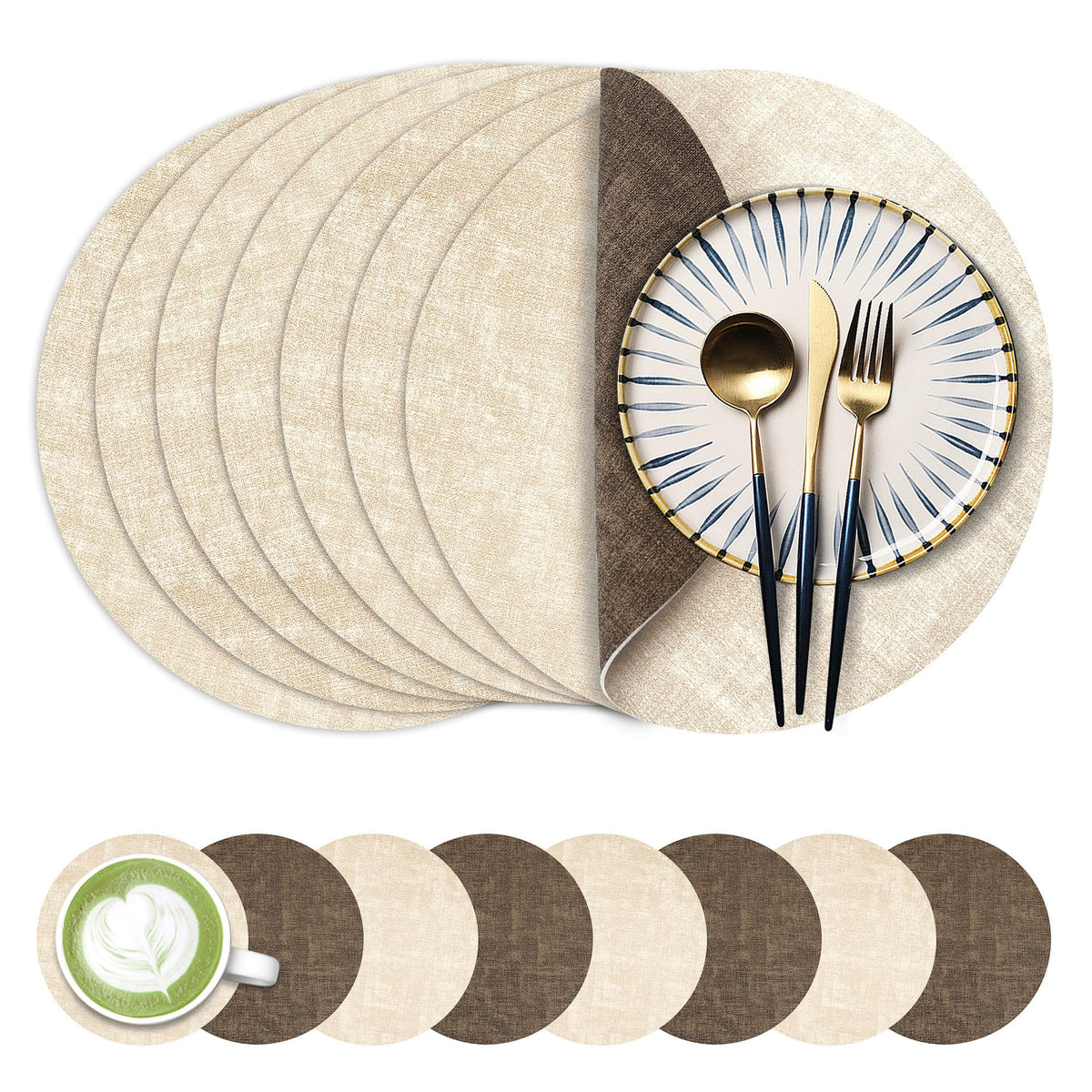 Fyvva Placemats Set of 4, 13" Round Reversible Faux Leather with Coasters