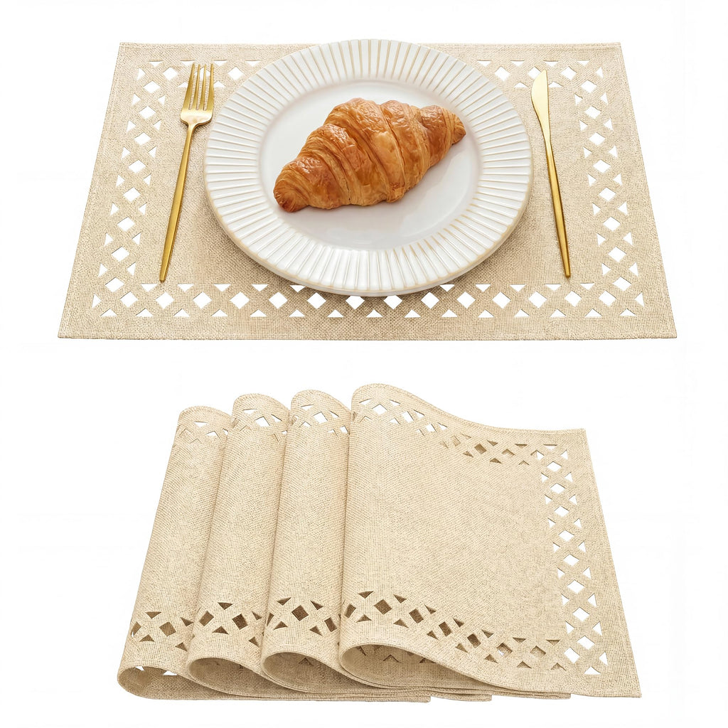 Artoid Mode Farmhouse Placemats Set of 6, Linen Textured Lattice Cutwork Fall Place Mats for Kitchen Dining Table Decor and Outdoor Party, 12 x 18 Inchs, Light Brown