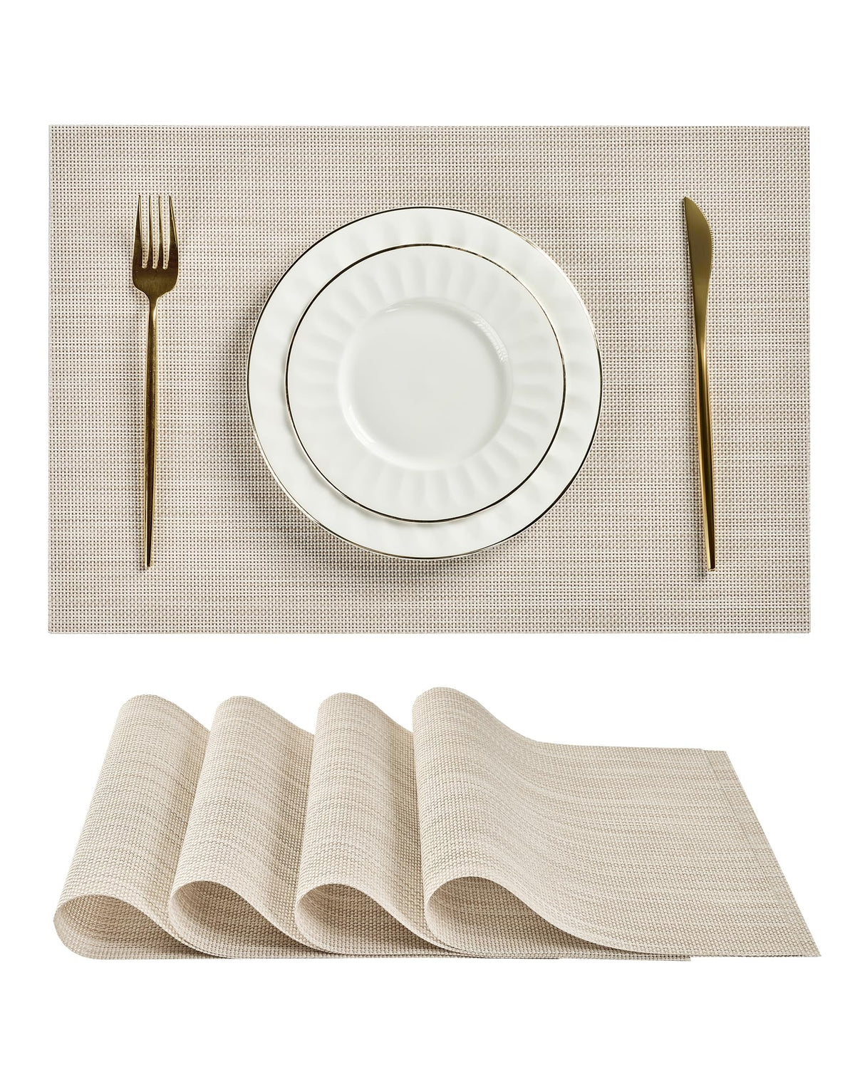Beige White Placemats Set of 4 - Heat Resistant Non-Slip Place mats for Dining Table, Washable Durable PVC Vinyl Woven Table Mats(Beige White, 4)