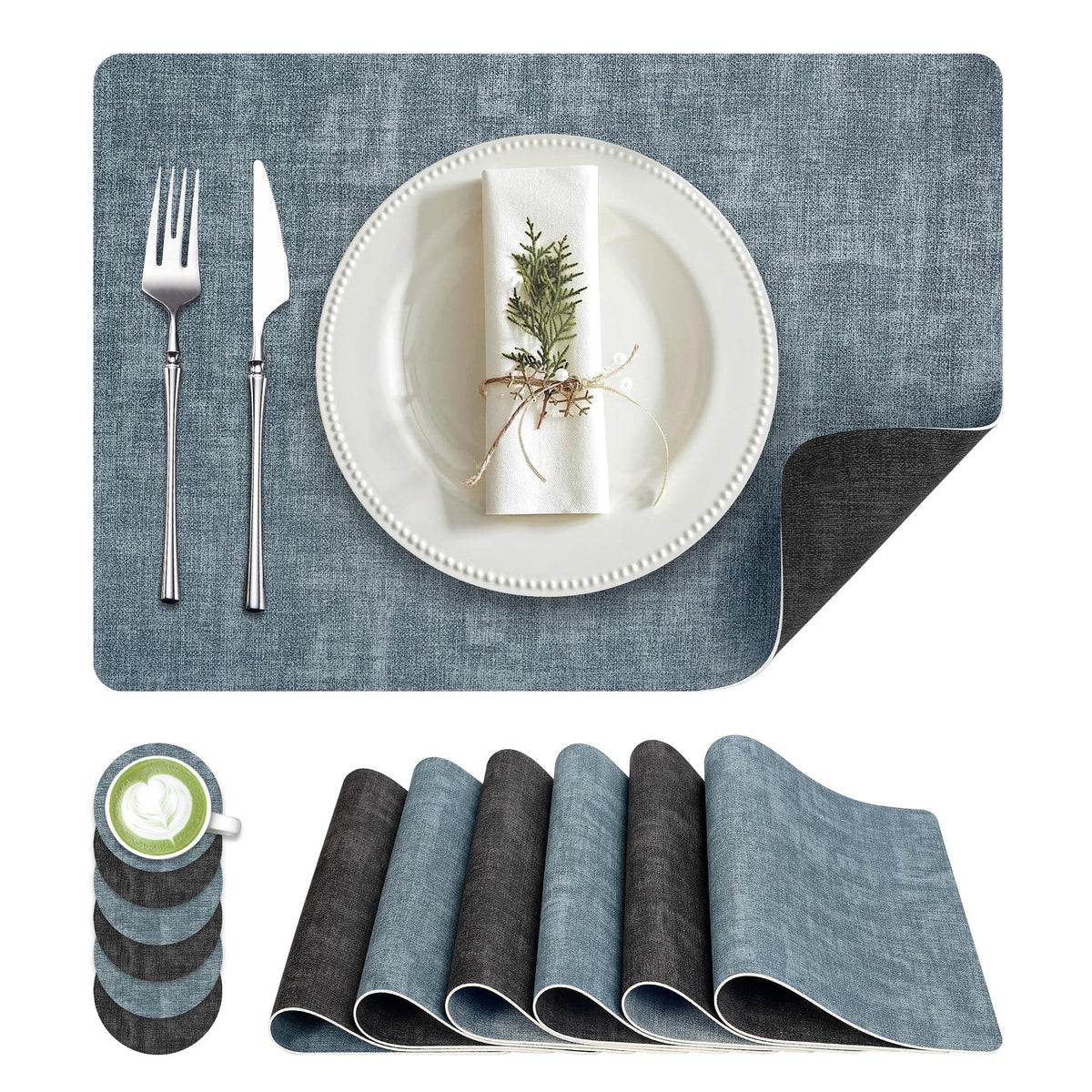 Fyvva Placemats Set of 4, 13" Round Reversible Faux Leather with Coasters