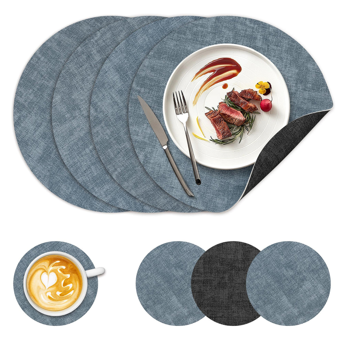 NCUE 13" Faux Leather Round Placemats Set of 6, Reversible Dual-Color
