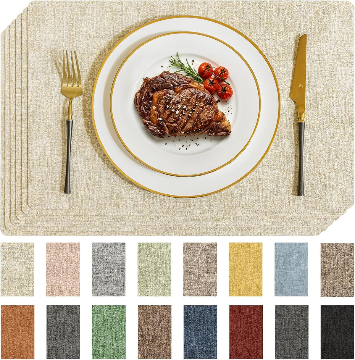 Romanstile Faux Leather Vinyl Placemats Set of 6, Beige