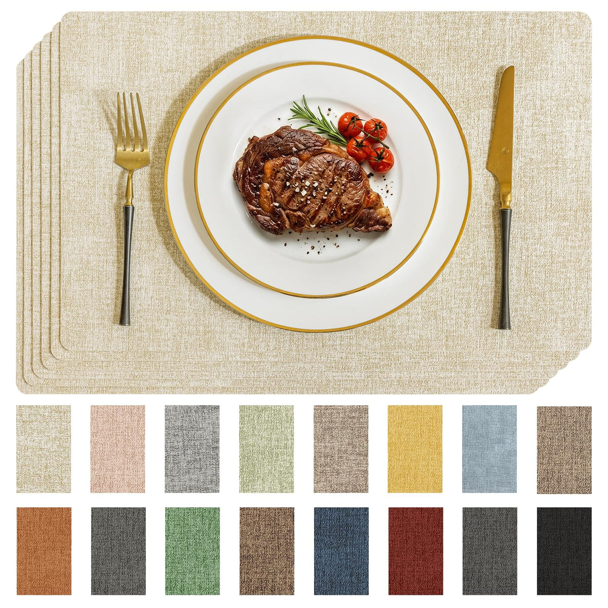 Romanstile Faux Leather Vinyl Placemats Set of 6, Beige