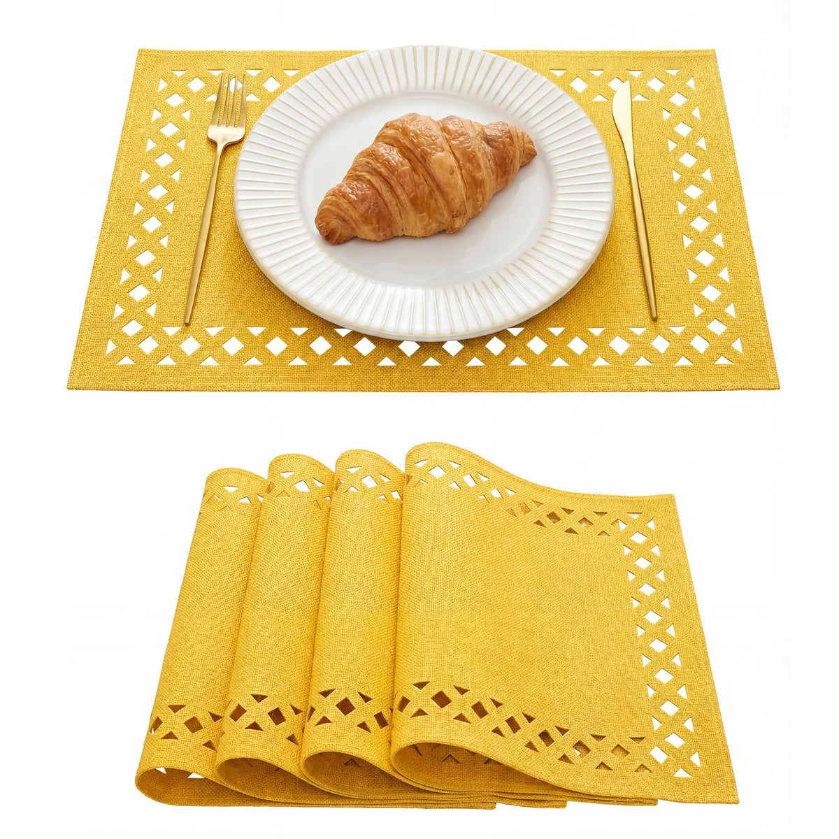 Artoid Mode Farmhouse Placemats Set of 6, Linen Textured Lattice Cutwork Fall Place Mats for Kitchen Dining Table Decor and Outdoor Party, 12 x 18 Inchs, Light Brown