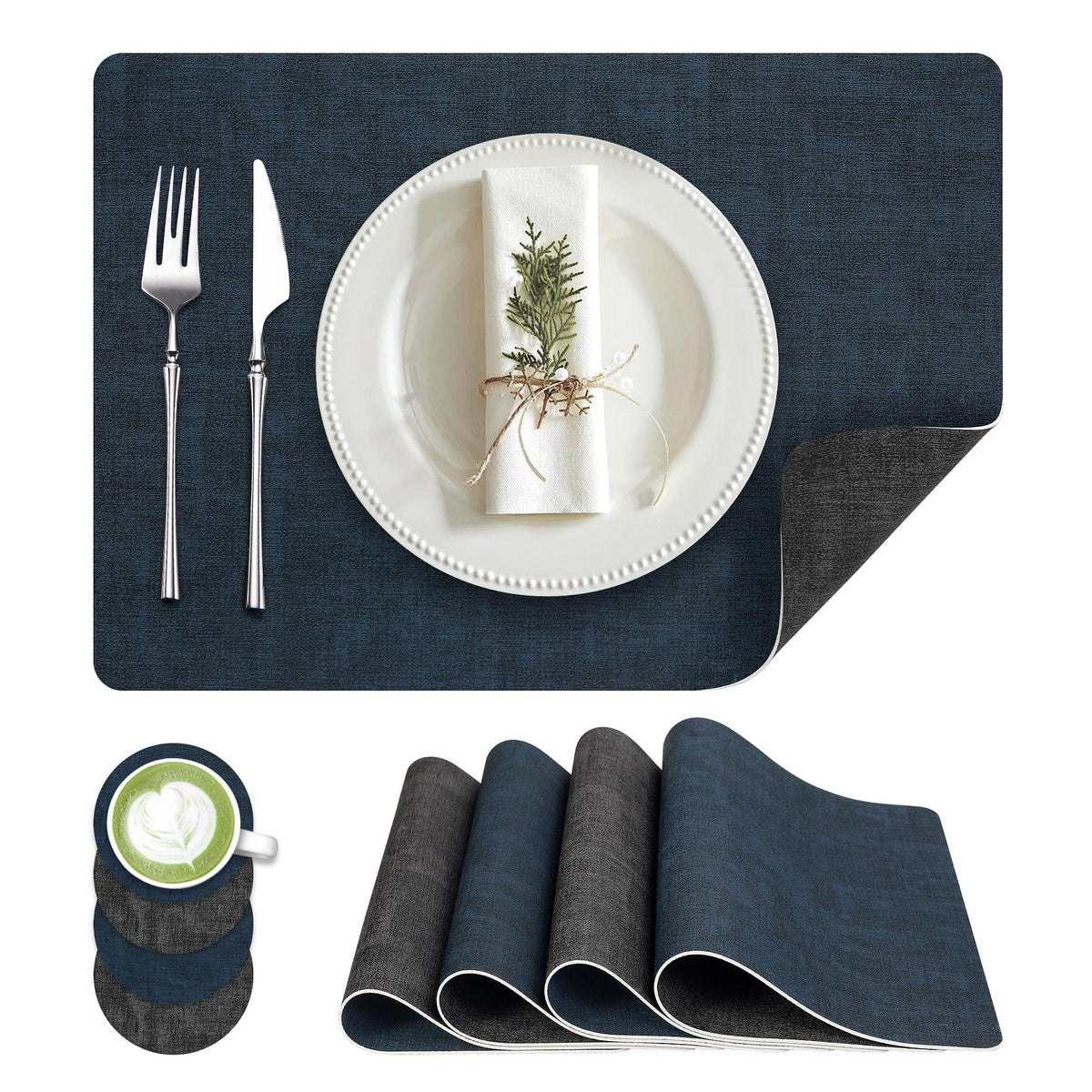 Fyvva Placemats Set of 4, 13" Round Reversible Faux Leather with Coasters