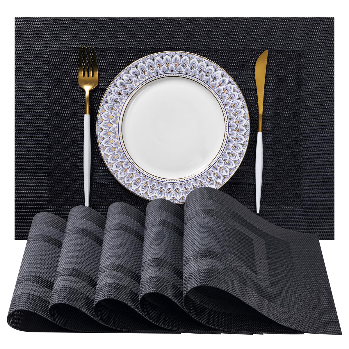 LEXMORE Placemats Set of 4 Vinyl/Plastic Woven Place Mats for Kitchen Table Indoor/Outdoor Washable Placemat Wipeable Dining Table Mats(Navy Blue)