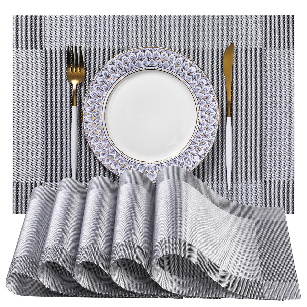 LEXMORE Placemats Set of 4 Vinyl/Plastic Woven Place Mats for Kitchen Table Indoor/Outdoor Washable Placemat Wipeable Dining Table Mats(Navy Blue)