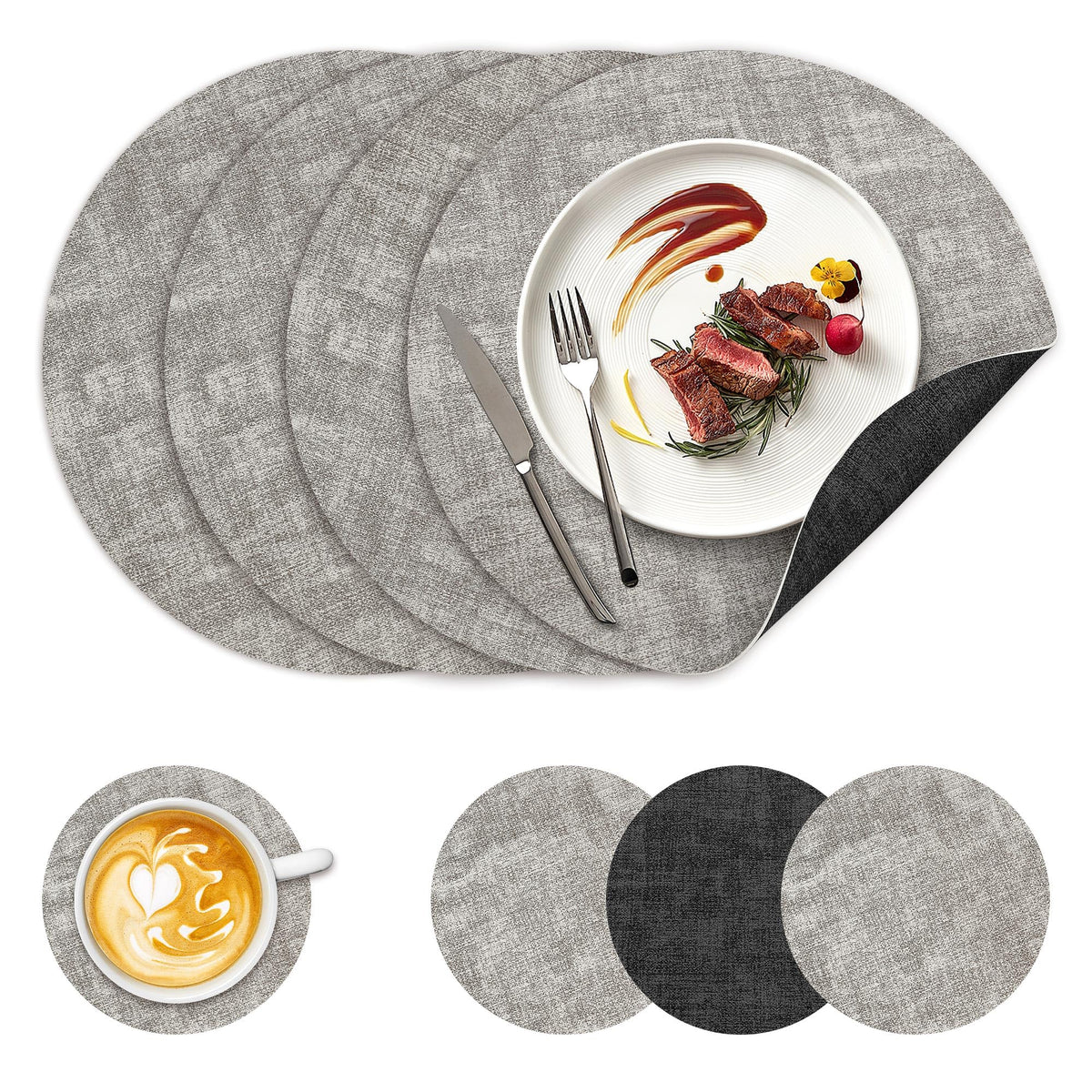 NCUE 13" Faux Leather Round Placemats Set of 6, Reversible Dual-Color