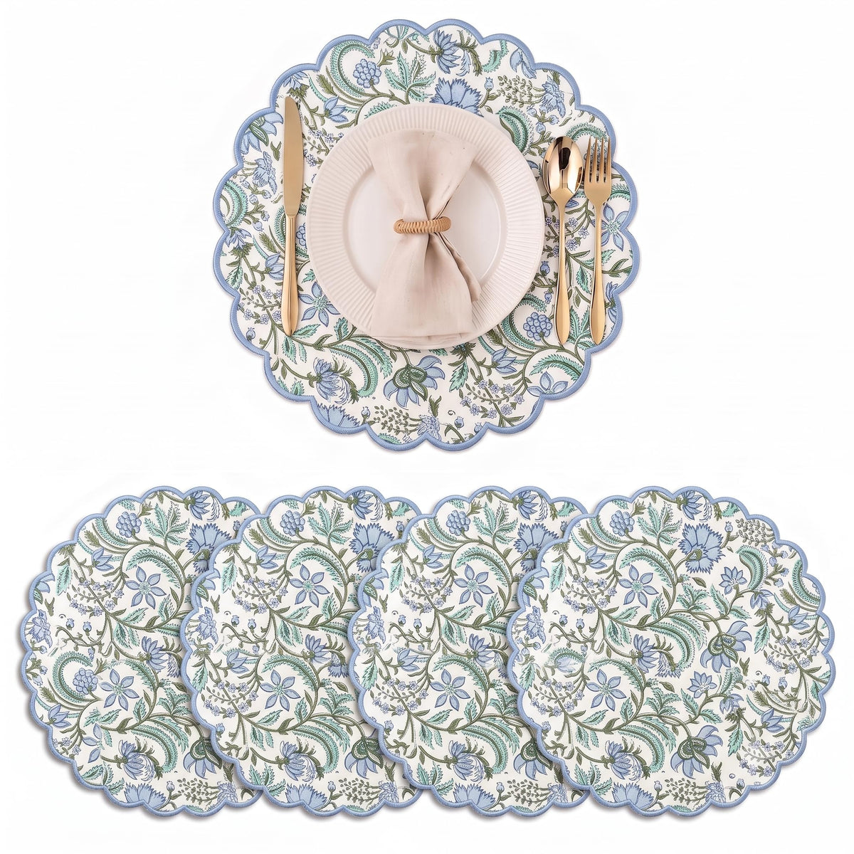 Ridhi Floral Block Print Round Placemats 15" in, Set of 4, Powder Blue