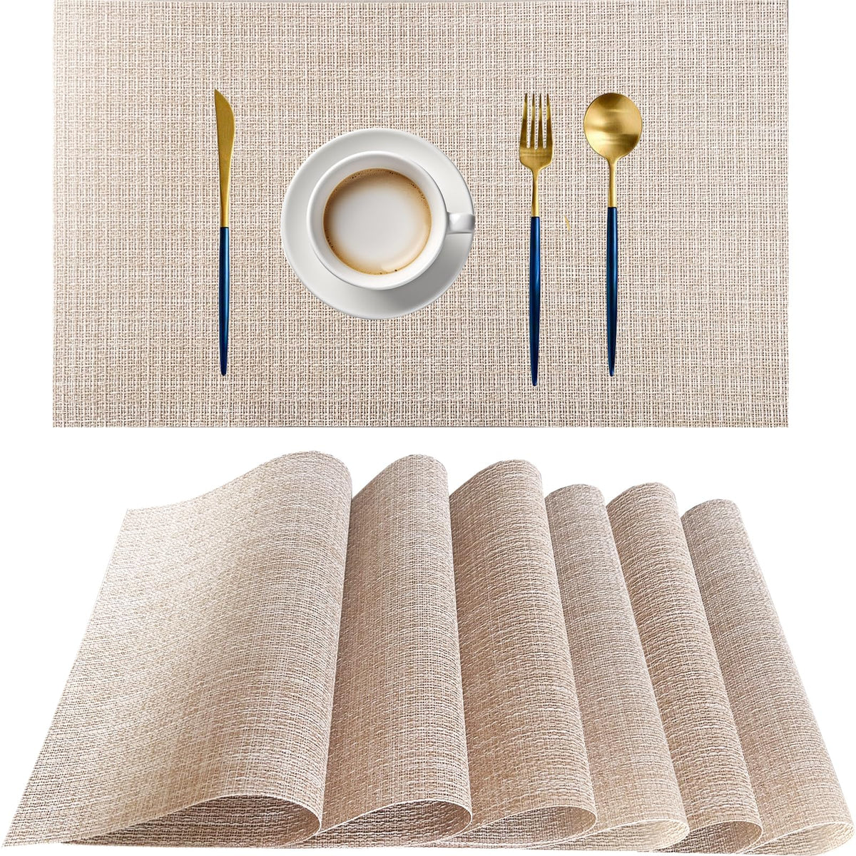 PIGCHCY Placemats,Washable Vinyl Woven Table Mats,Elegant Durable Placemats for Dining Table Set of 6 (Bamboo-Brown)