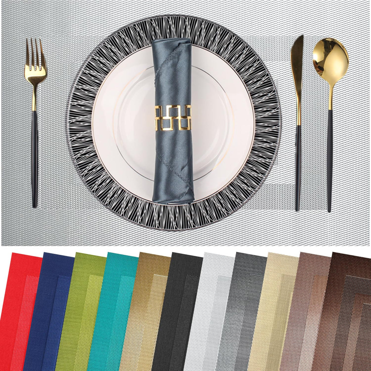 PIGCHCY Placemats,Washable Vinyl Woven Table Mats,Elegant Durable Placemats for Dining Table Set of 4 (18 x 12 inches, Navy Blue)
