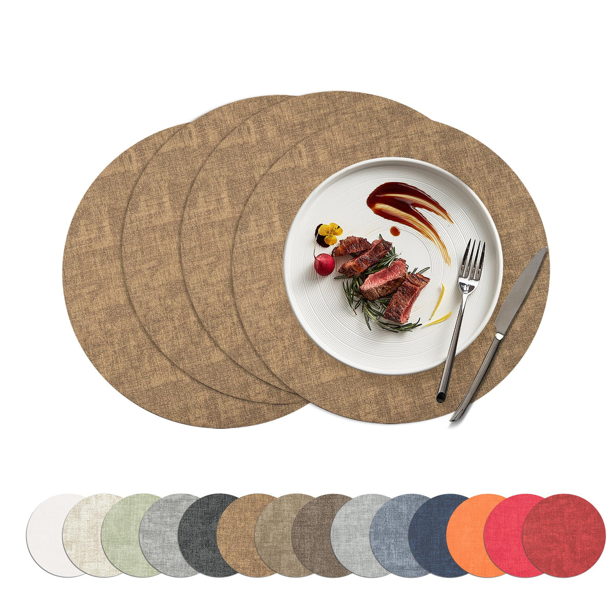 Placemats Set of 4, 15 Inch Round Faux Leather Place Mats