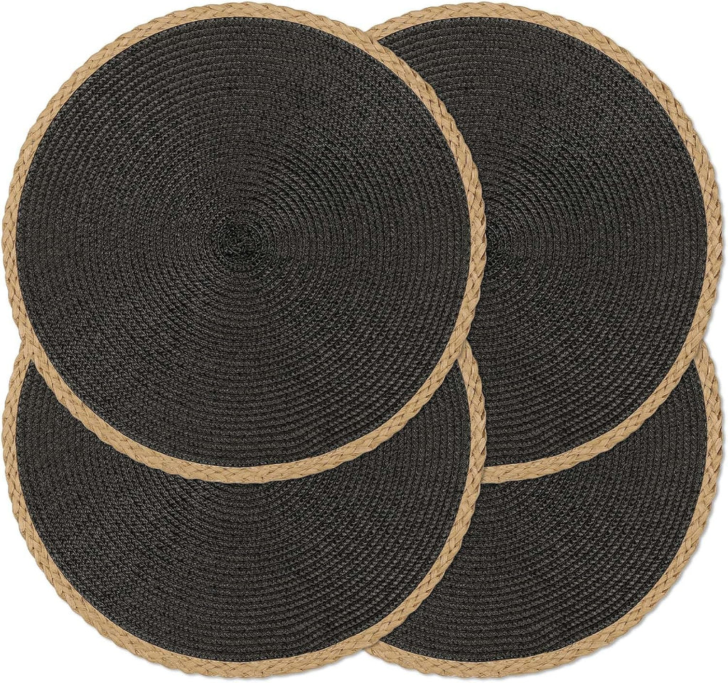Round Placemats Set of 4, Woven Table Mats, Thin Edge, Black