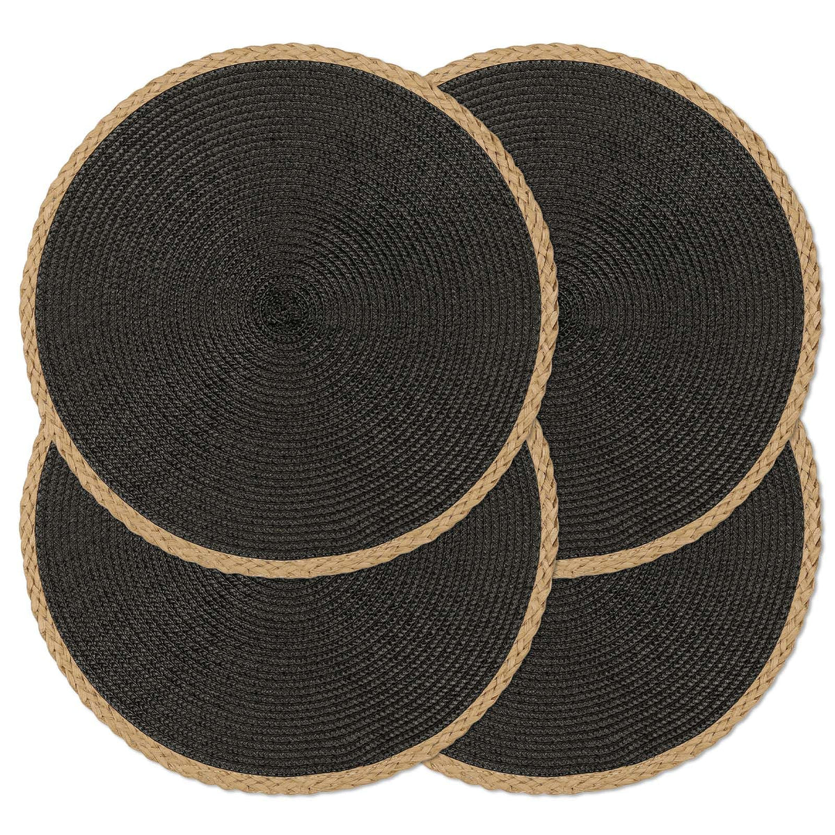 Round Placemats Set of 4, Woven Table Mats, Thin Edge, Black