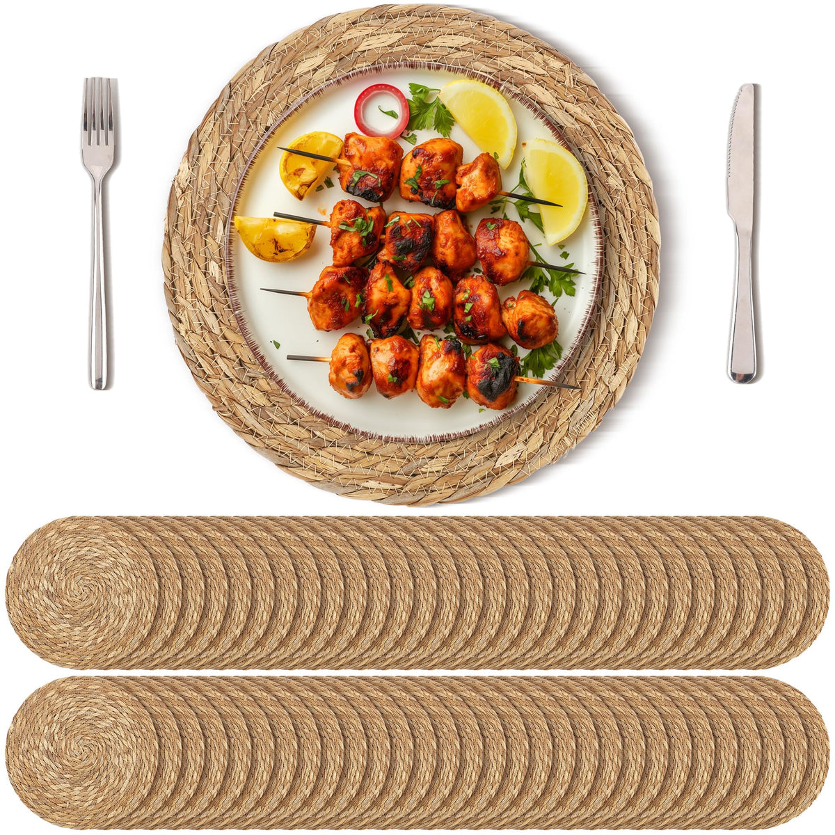 Kochorie Set of 6 Round Woven Placemats - 12 Inch Natural Boho Rattan Wicker Table Mats for Home Dining Table