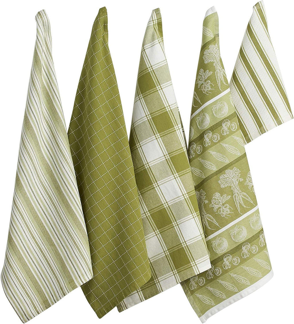 DII Assorted Pattern Kitchen Dishtowels and Dishcloth Set of 5, Parsley Green