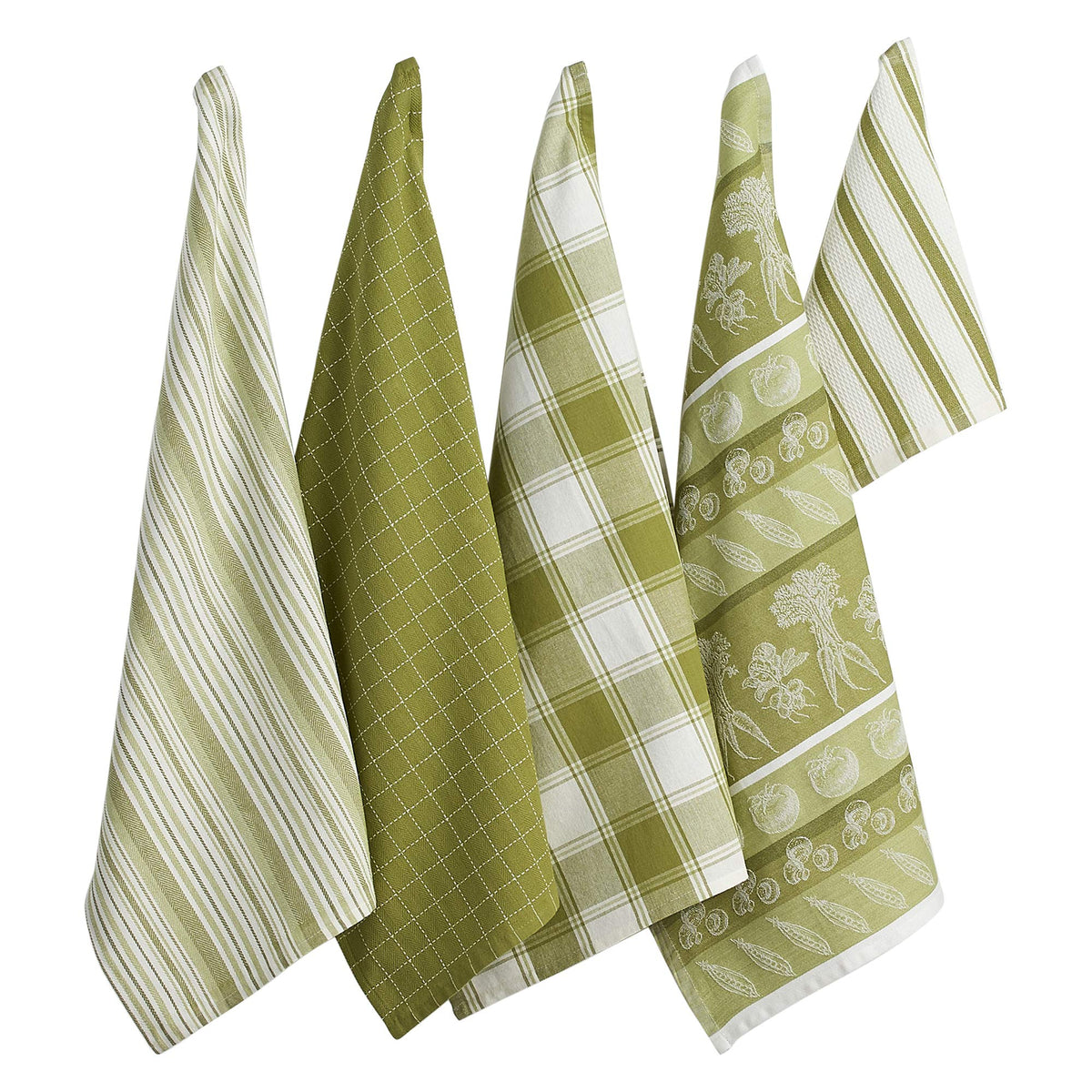 DII Assorted Pattern Kitchen Dishtowels and Dishcloth Set of 5, Parsley Green