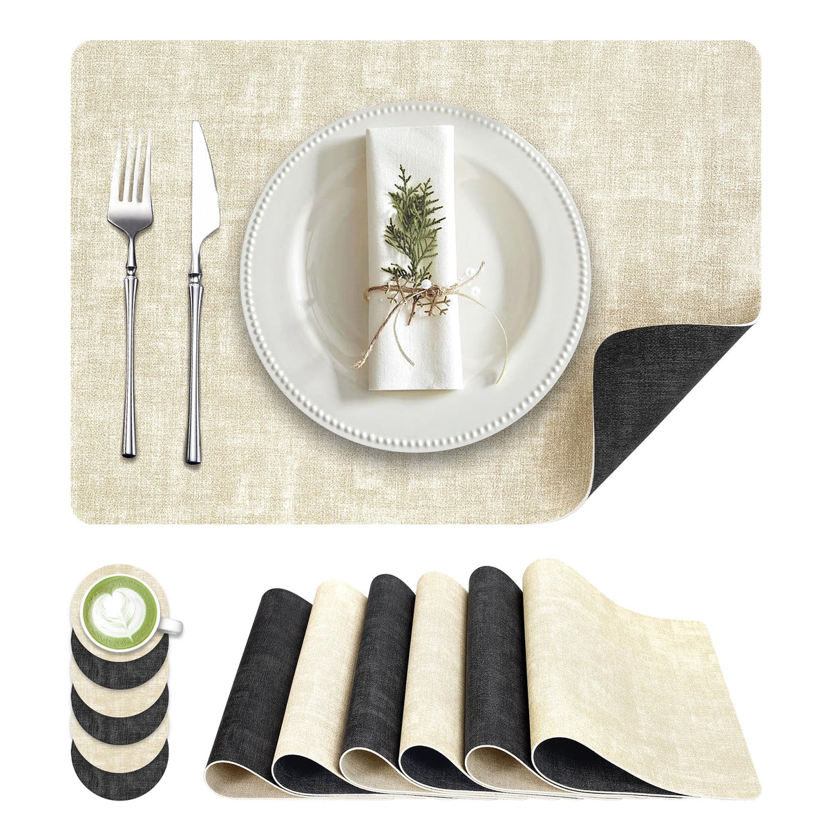 Fyvva Placemats Set of 4, 13" Round Reversible Faux Leather with Coasters