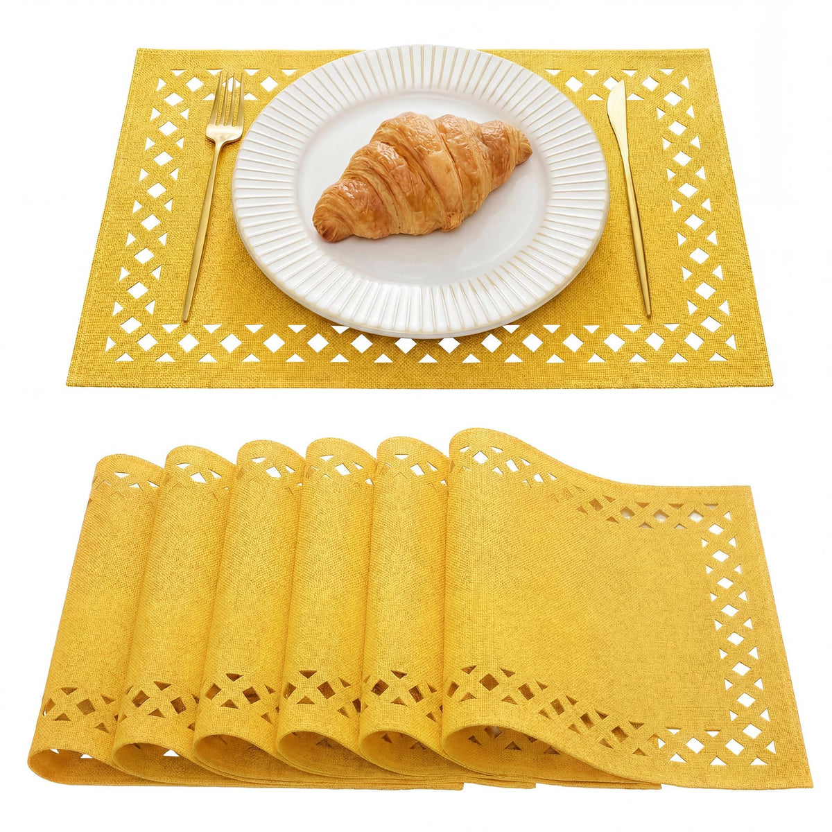 Artoid Mode Farmhouse Placemats Set of 6, Linen Textured Lattice Cutwork Fall Place Mats for Kitchen Dining Table Decor and Outdoor Party, 12 x 18 Inchs, Light Brown
