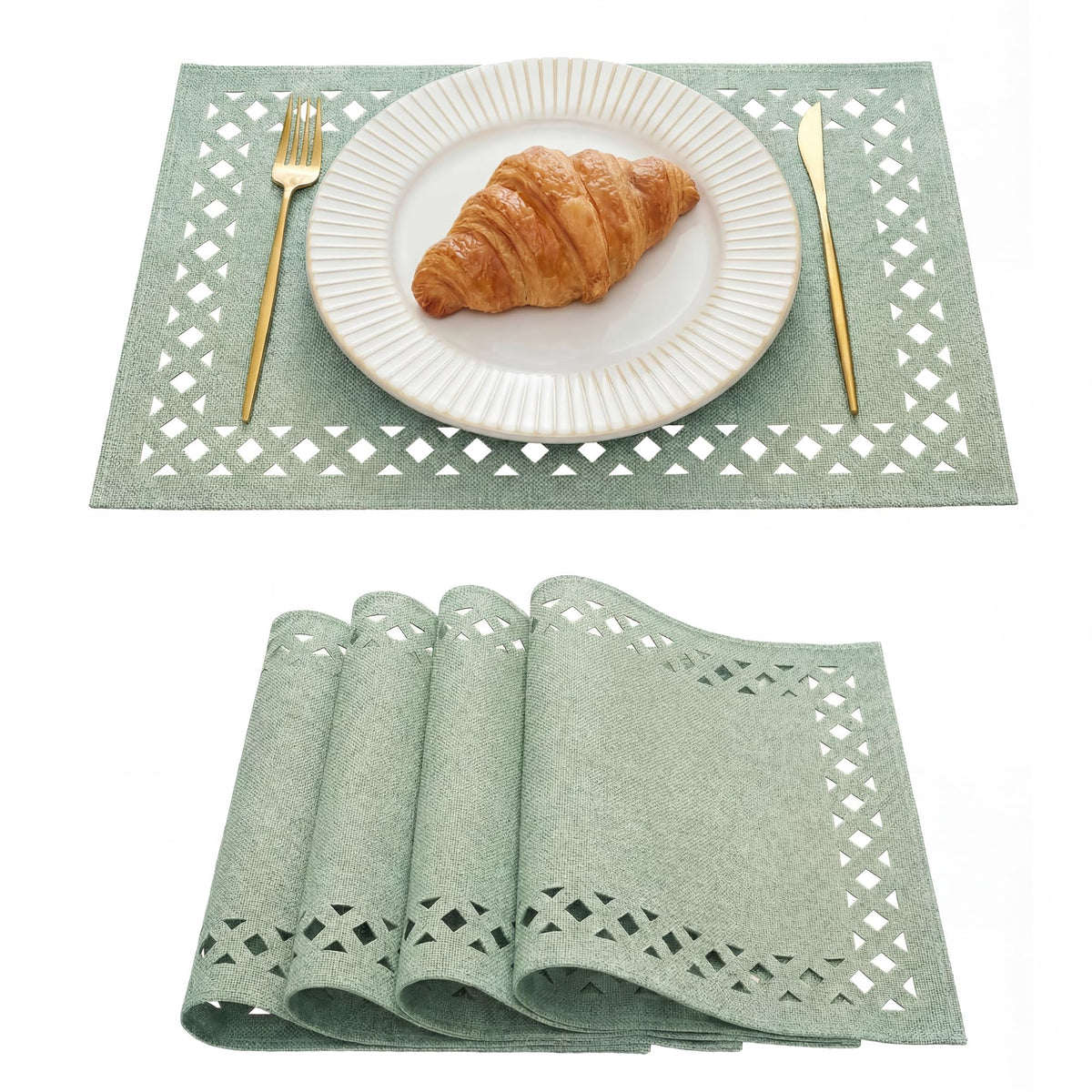 Artoid Mode Farmhouse Placemats Set of 6, Linen Textured Lattice Cutwork Fall Place Mats for Kitchen Dining Table Decor and Outdoor Party, 12 x 18 Inchs, Light Brown