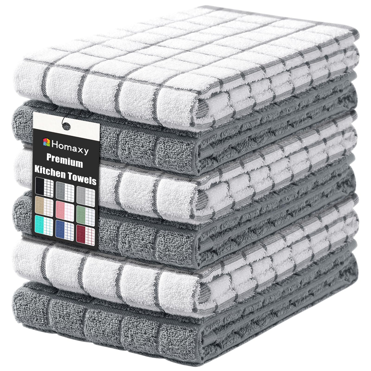 Homaxy Large Premium Cotton Kitchen Towels 16"x 28", 6 Pack, Grey