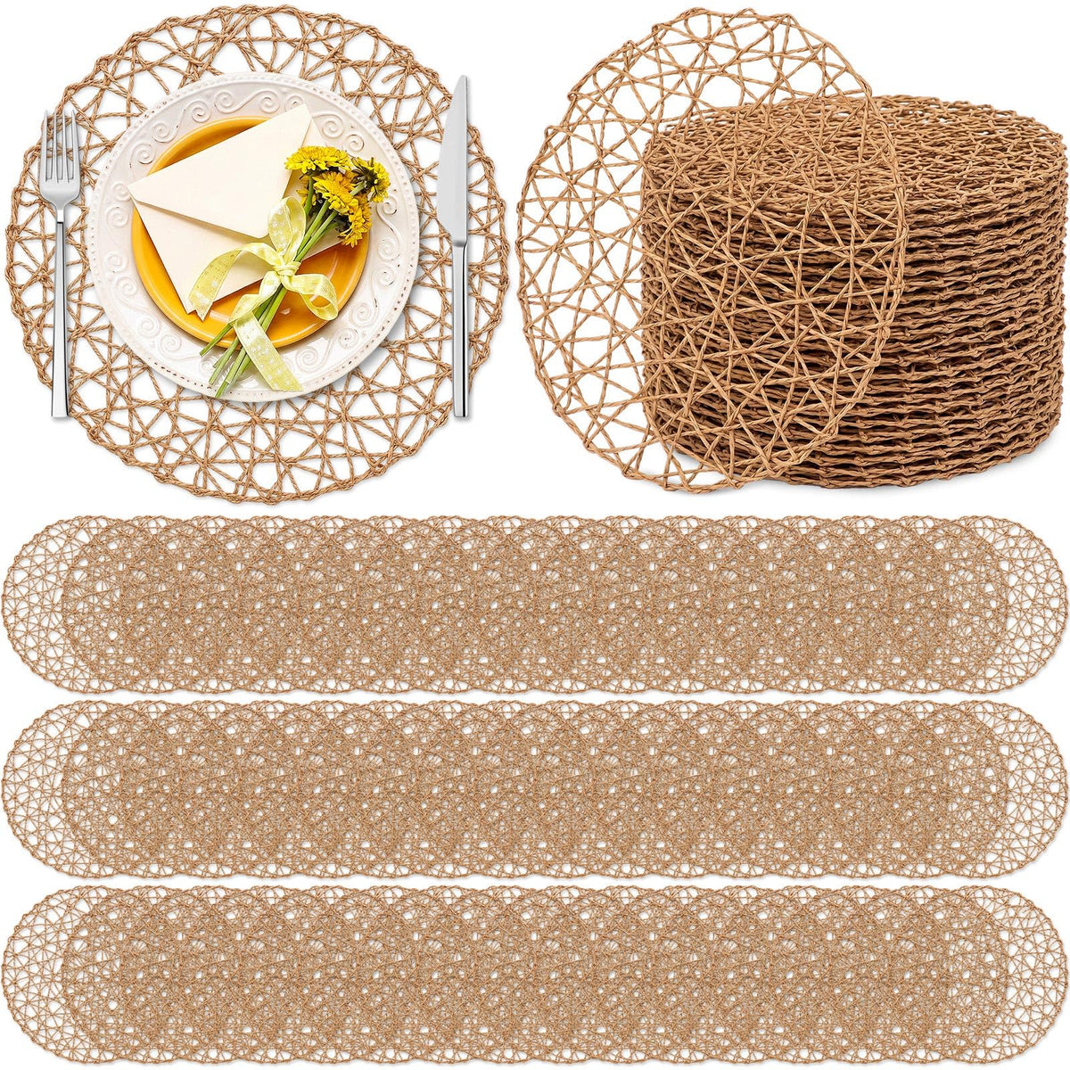 Threehoney Paper Braided Round Placemats, Set of 24, Brown, 13 in